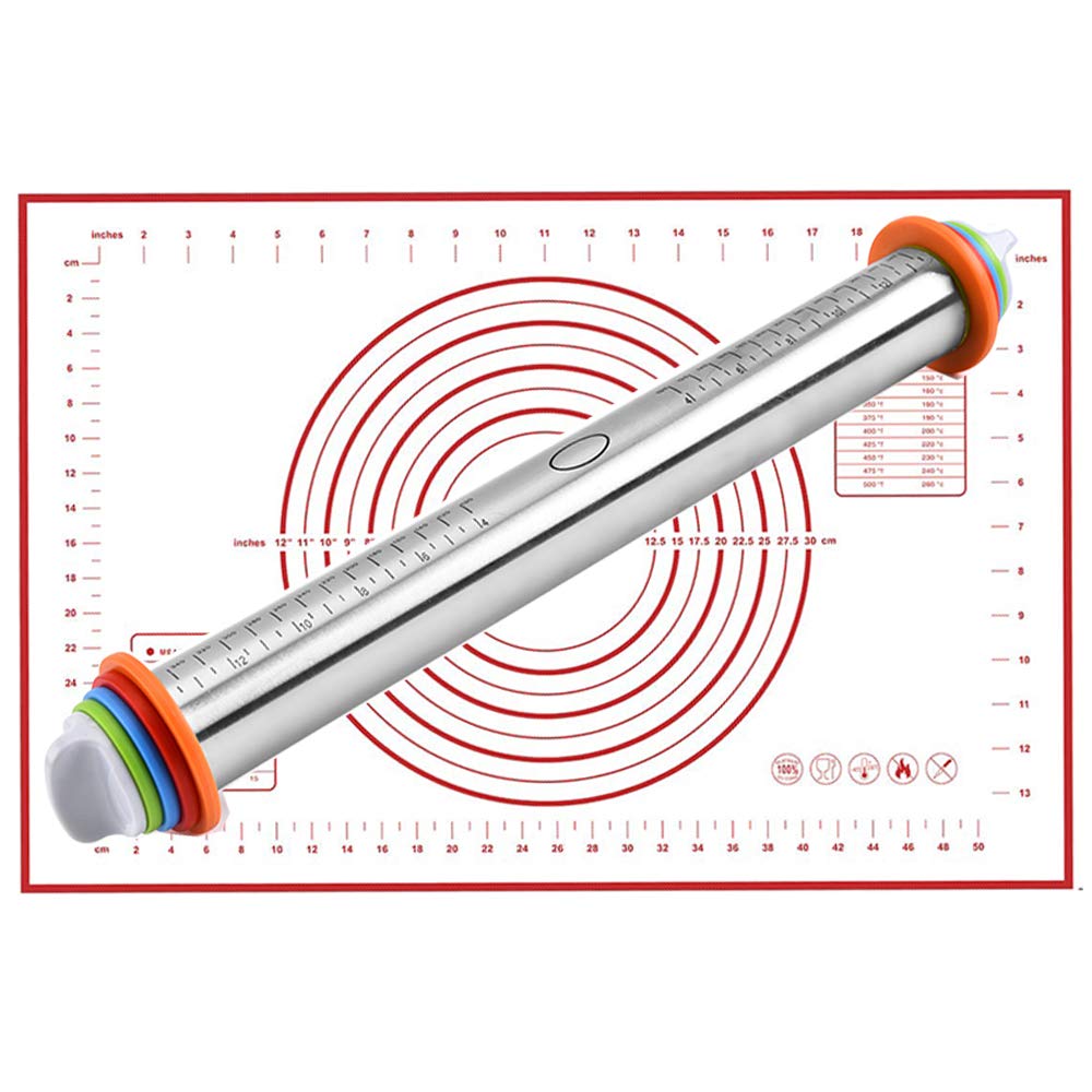 Rolling Pins with Thickness Rings and Pastry Mat for Baking Fondant Dough Pastry Pizza Pie Crust, Stainless Steel Roller Pin, Red Mat