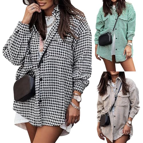 Plaid Shacket Jacket for Women Casual Lining Houndstooth Jacket Oversized Button Down Flannel Shirt4
