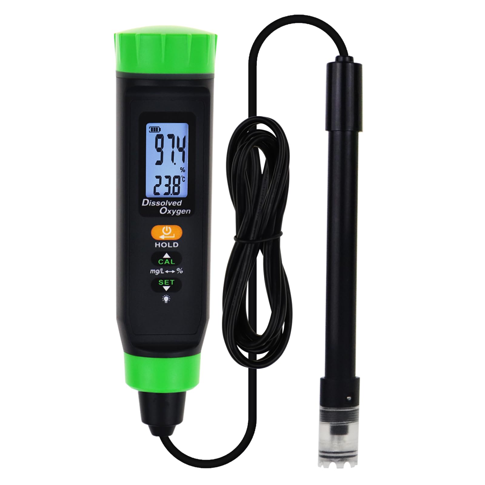 Medidor digital recargable de oxígeno disuelto | Medidor preciso de OD con sonda autoflotante, cable largo, LCD y batería ecológica | Ideal para peceras, hidroponía y más