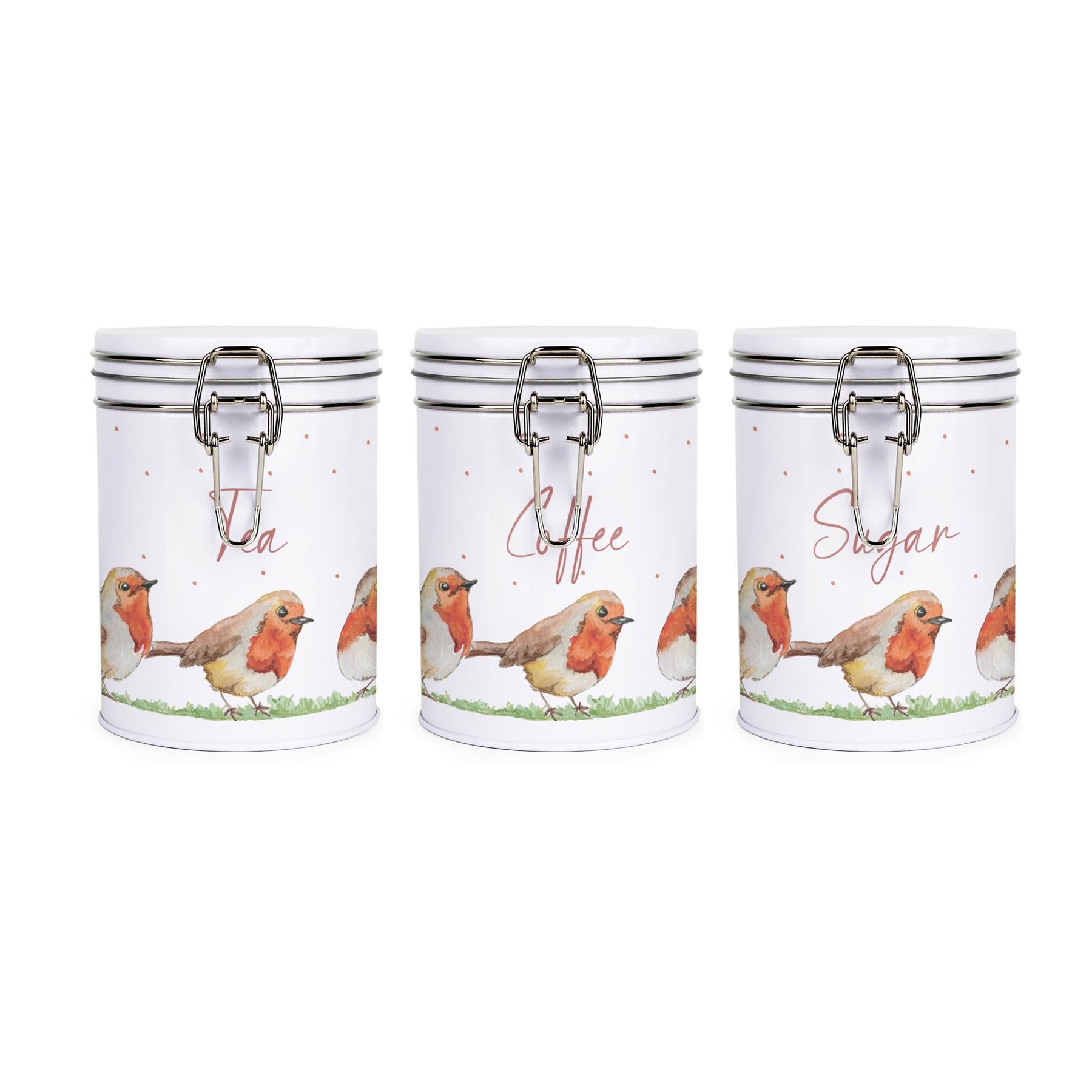Purely Home Robins Tea, Coffee & Sugar Canister Set - White Metal Clip Lid Kitchen Storage Jar/Container Gift 700ml (13cm x 9.5cm)