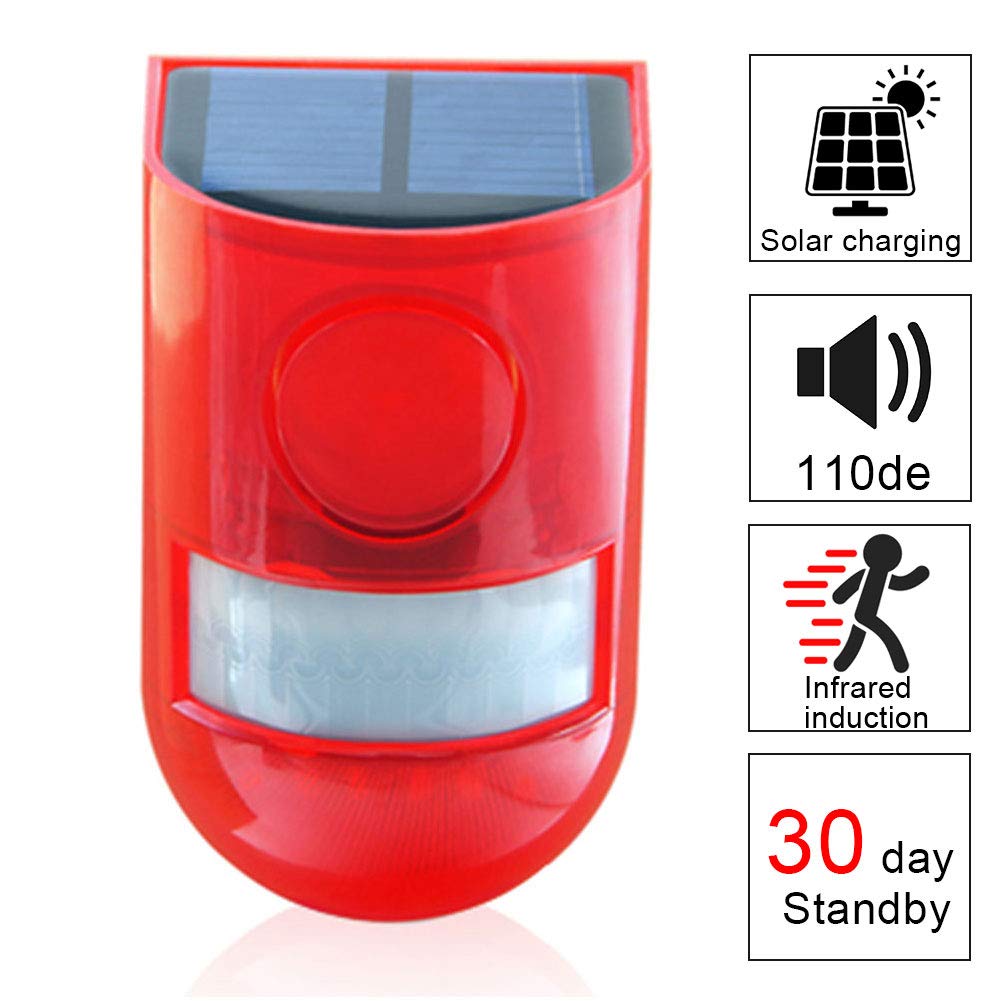 Solarny alarm bezpieczeństwa IP65, wodoodporny czujnik ruchu LED, migająca lampa, 110 dB, głośna syrena, system alarmowy do domu, gospodarstwa, sklepu, ogrodu, willi (2 szt.)