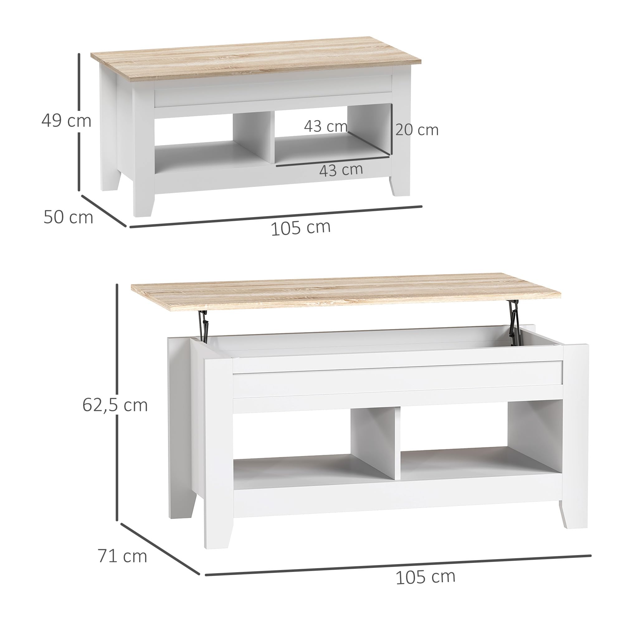 HOMCOM Mesa de Centro Elevable Mesa de Café con Encimera Elevable 2 Compartimentos Abiertos y Espacio Oculto de Almacenaje 105x50x49 cm Blanco y Natural