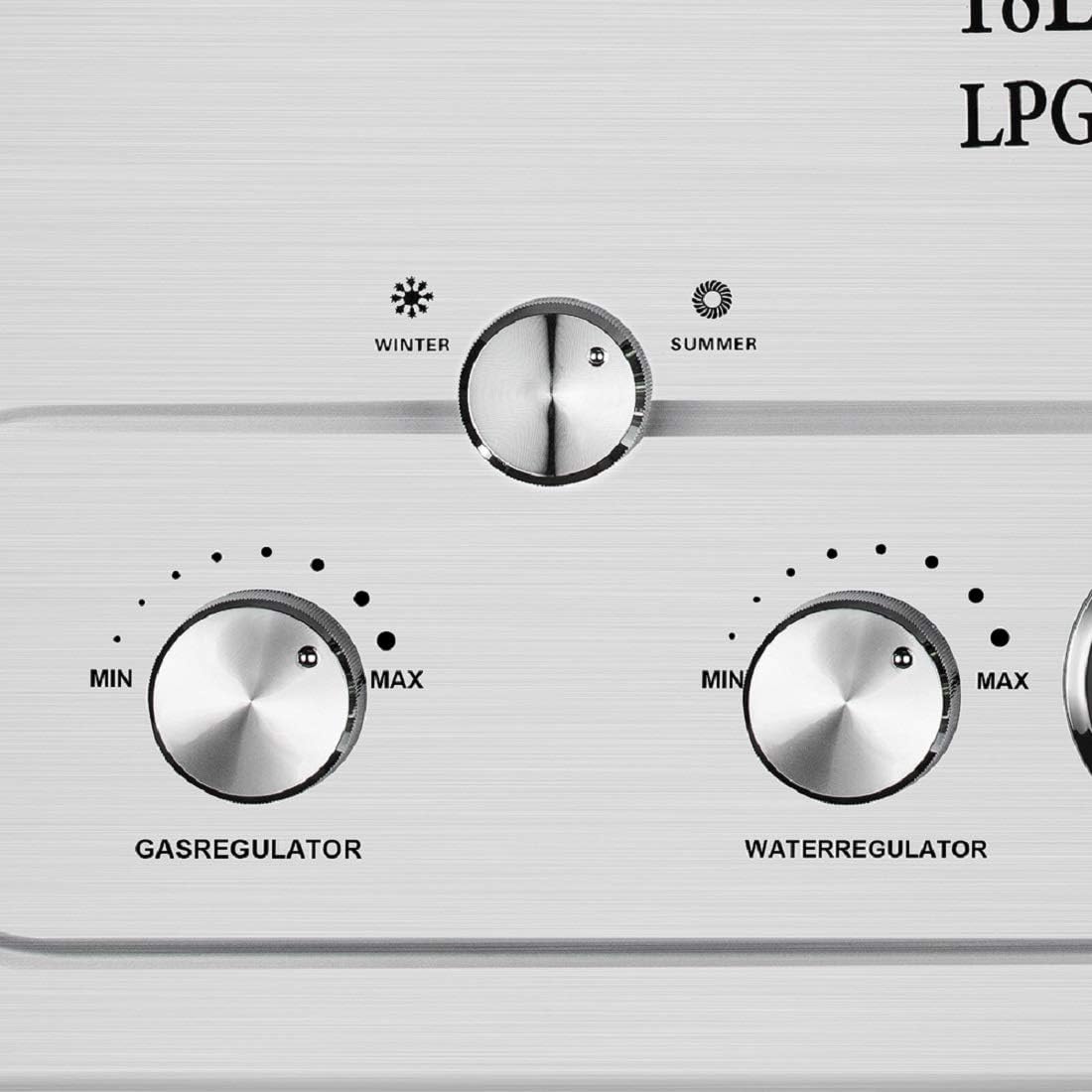Control panel of the tinsay 18L water heater with Gas Regulator, Water Regulator, and Winter/Summer switch
