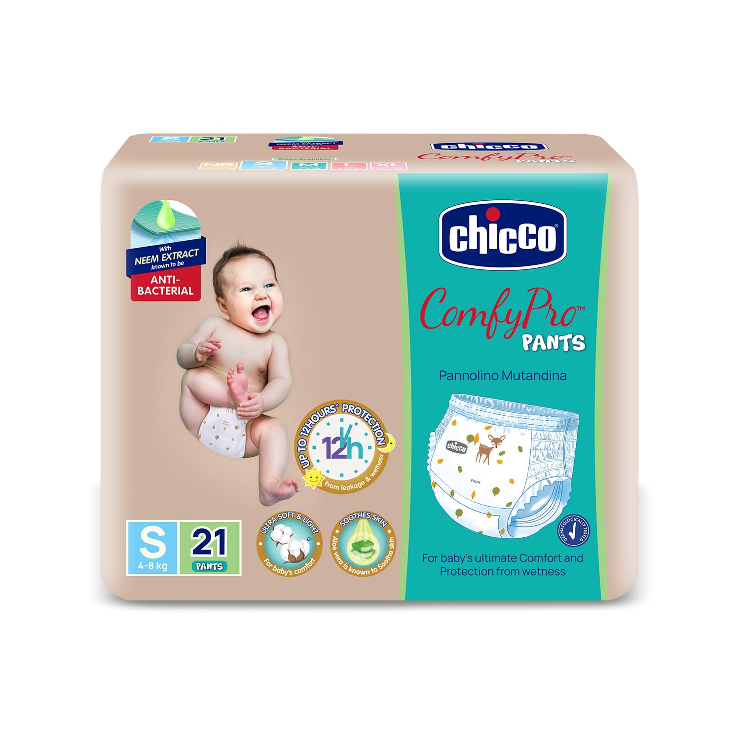 Chicco Comfy-Pro Pant Style Baby Diapers | Anti-bacterial benefits | Ultra Soft & 12hrs protection | Wetness indicator & Disposing Tapes – Small, 21 Count, 4-8 Kg