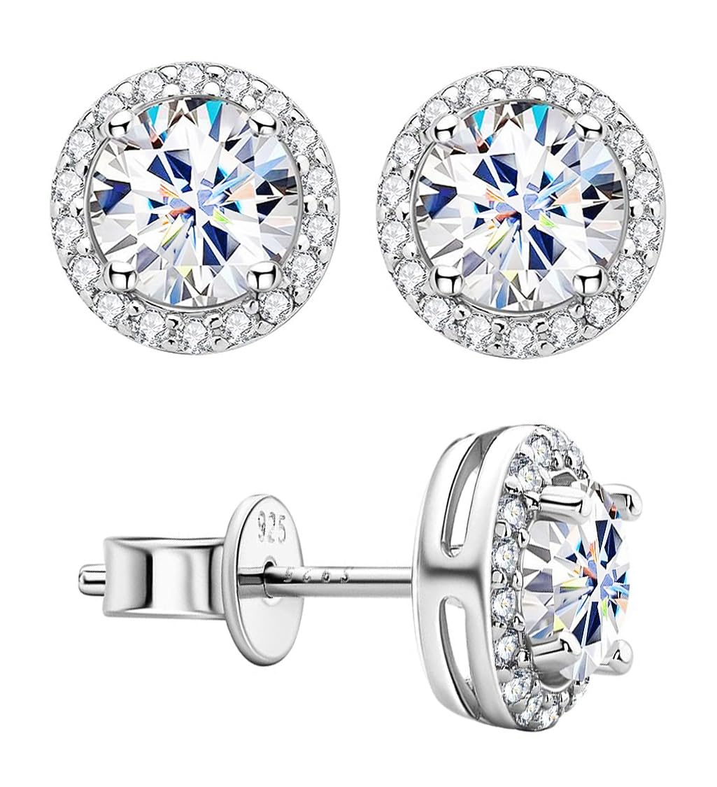 GlamrceMoissanite Halo Round Earrings Stud, 2-4 CTTW (1 carat 6.5mm*2, 2 carats 8mm*2)18K White Gold Plated, Ideal Cut D Color VVSI, Lab Created Diamond with Certificate and Gift Packed