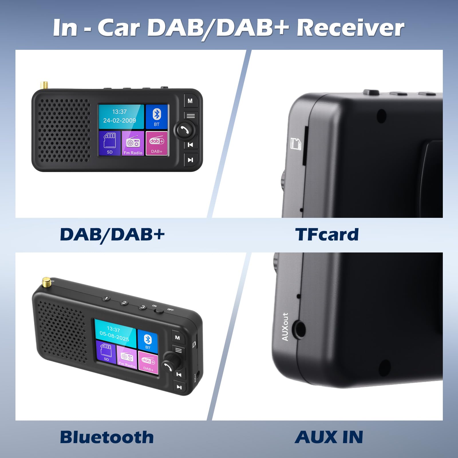 Adapter samochodowy DAB/DAB+ z akumulatorem, 2,4-calowy kolorowy wyświetlacz LCD, transmisja FM i Bluetooth, wyjście AUX i obsługa kart TF, wbudowany głośnik