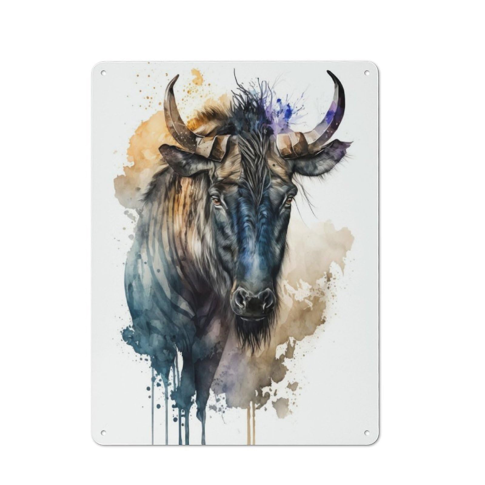 Junmoney Wildebeest In Watercolor Tin Sign 40X30cm With For Workshop Wall, Vintage Decor, For Metal Sign Collectors, For Garage And Workshop Walls