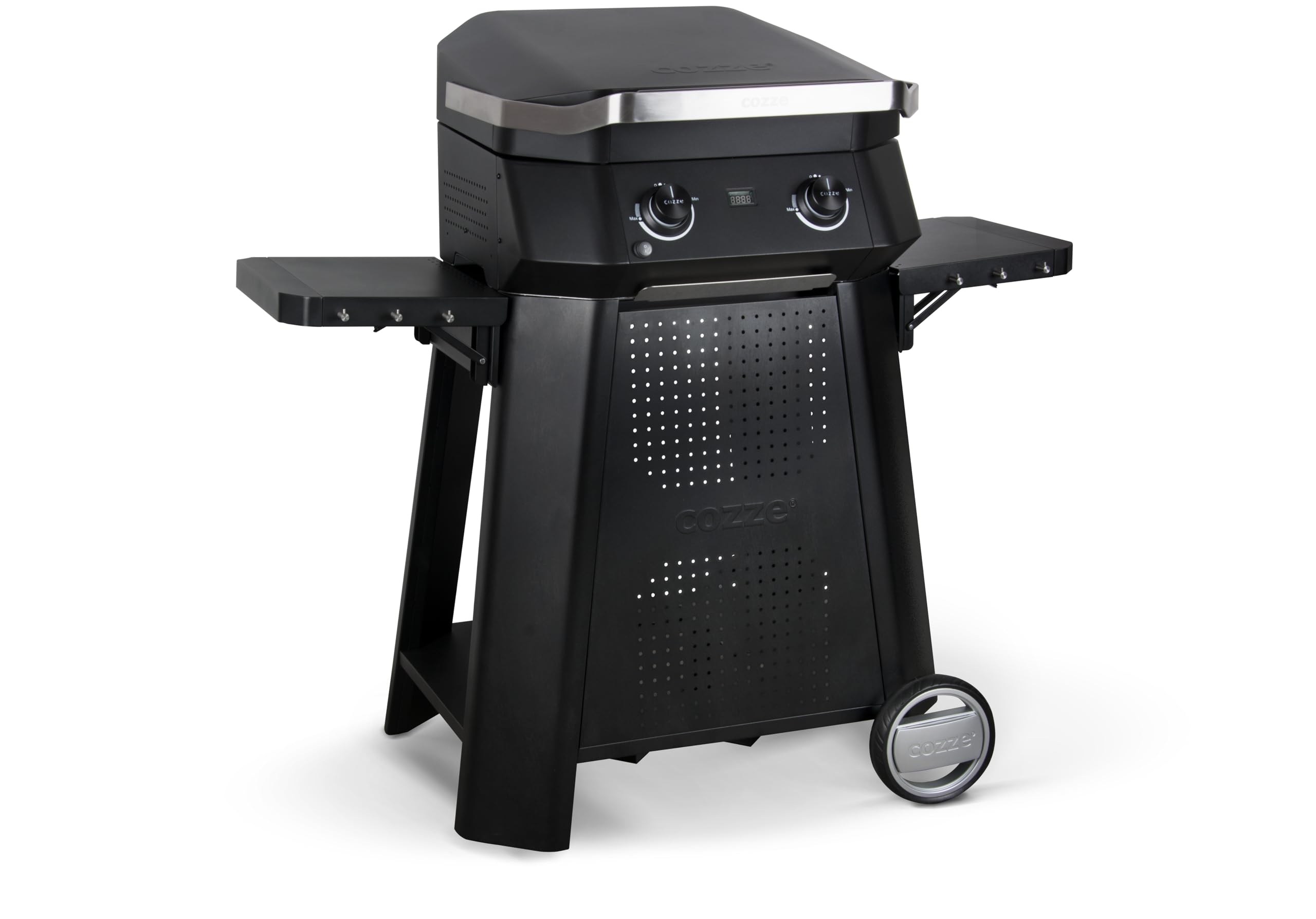 cozze® Carrello Premium per Serie 500 – Supporto per E-500/G-500/Plancha 500, tavolini laterali richiudibili, 6 ganci, carrello BBQ con ruote, nero