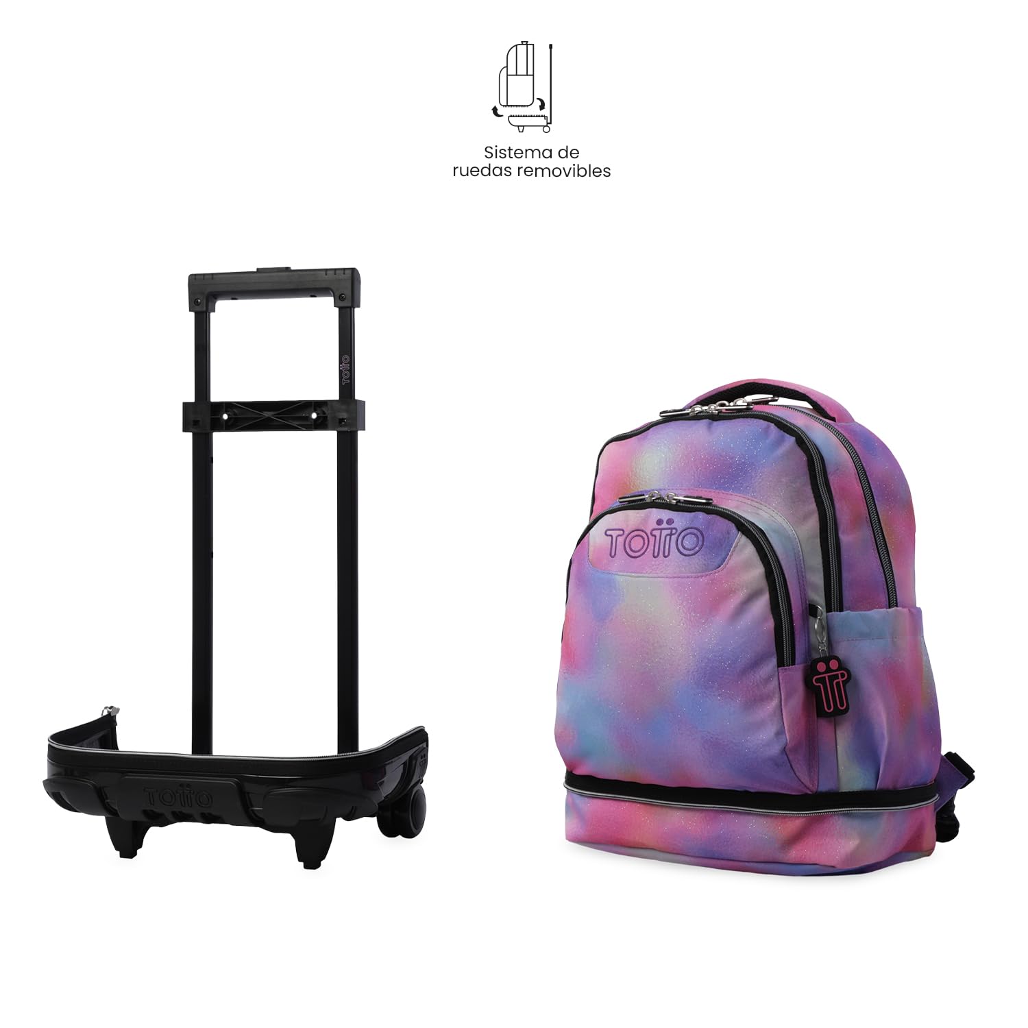 TOTTO - Mochila Escolar con Ruedas Desmontables, Modelo Tiza Glitter, Capacidad 26 L, Mochila PC 15.4", Bolsillo Botella, Manija Telescópica, Espaldar Ergonómico y Correas en S, Estampado Bloom