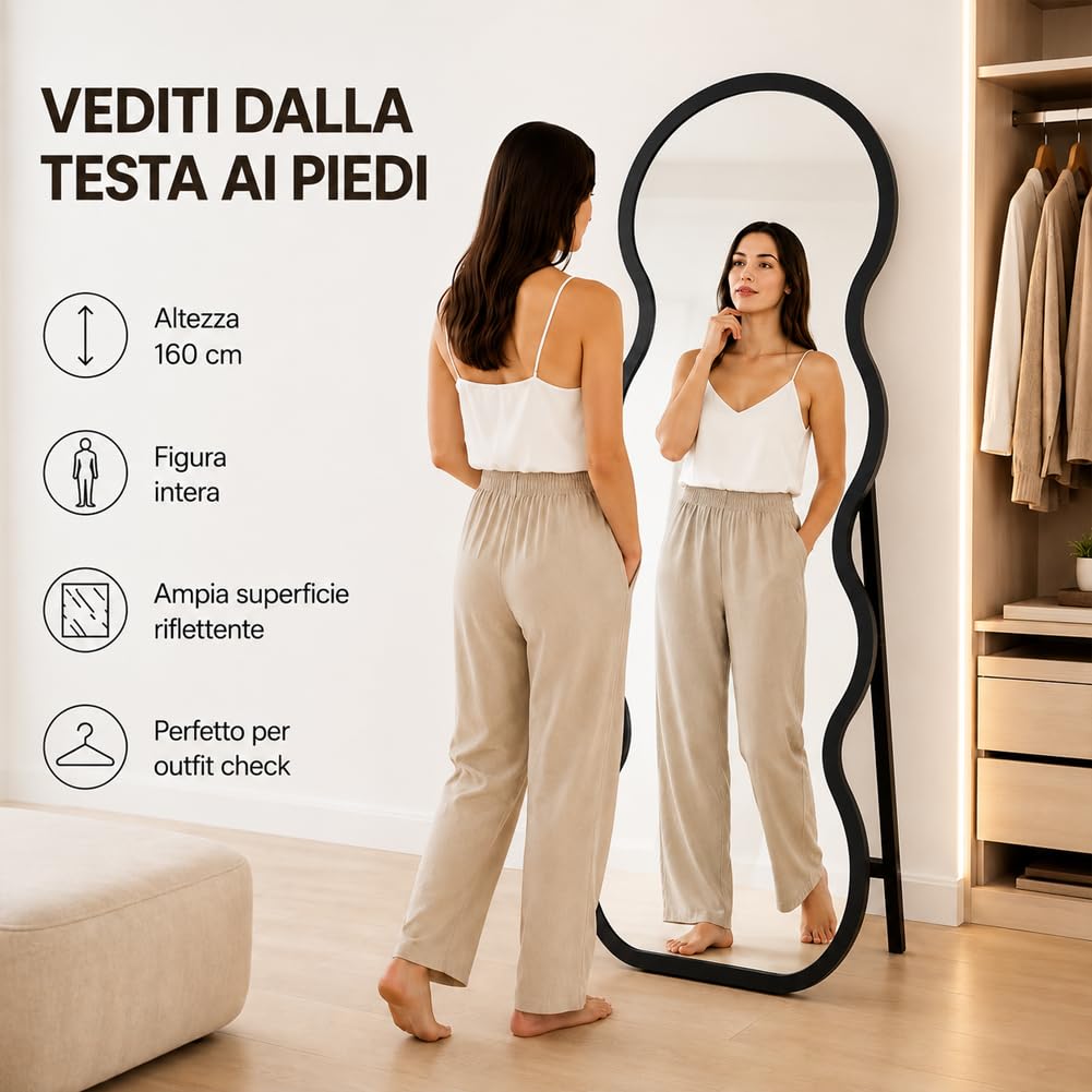 Shally Dogan Specchio Ondulato Autoportante con Struttura in Legno Resistente, Decorazione per Interni Design Moderno, Specchi Figura Intera Indipendente da Terra, 160 x 60 cm, Nero
