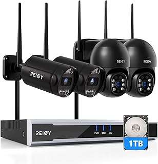 REIGY 8MP WLAN Überwachungskamera Aussen Set Vorinstallierte 1TB Festplatte, Funk 16CH NVR Überwachungssystem mit 2xPT+2xBullet Kamera, Outdoor Camera Kit, mit Zwei-Wege-Audio Bewegungserkennung
