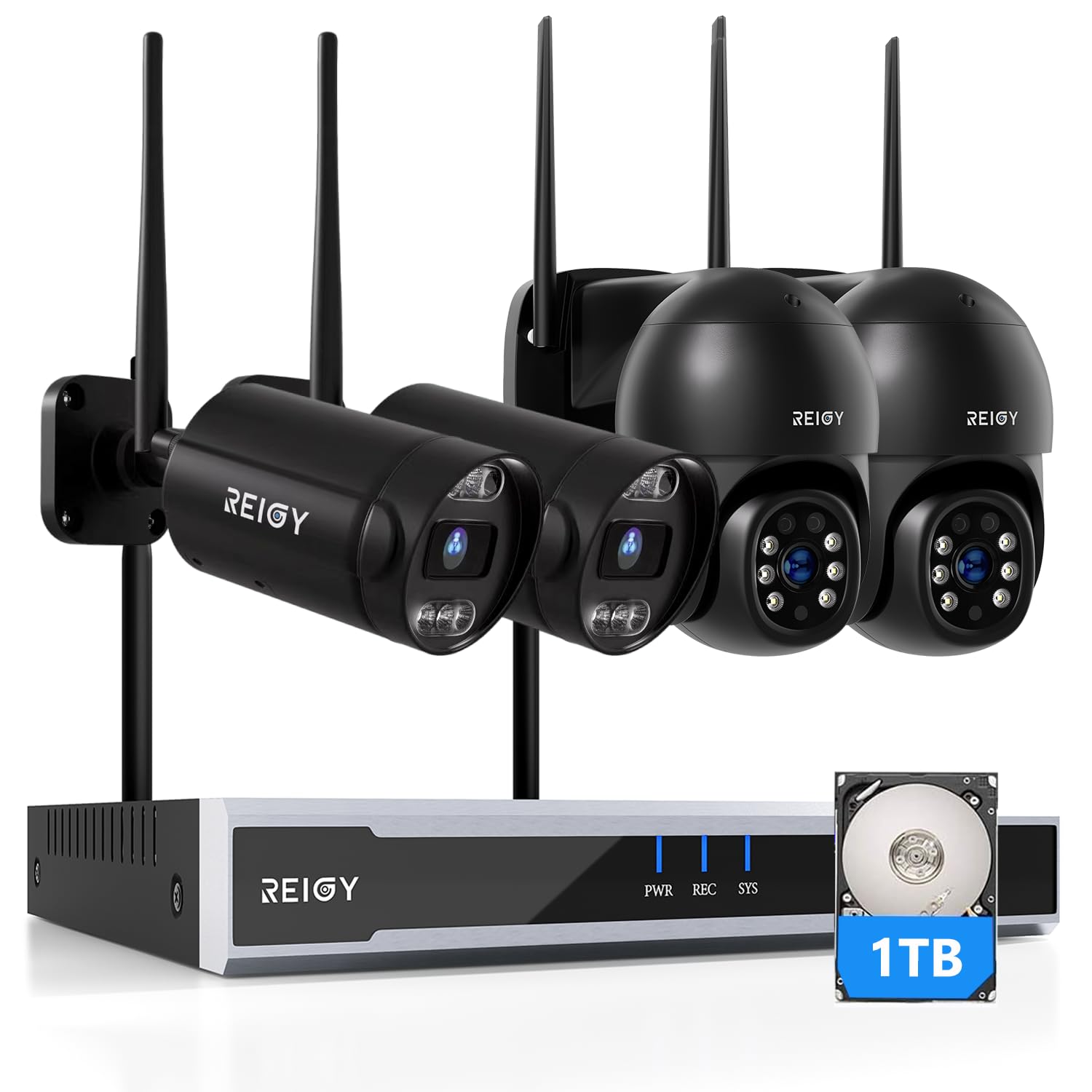 REIGY 8MP Kit Camara de Vigilancia WiFi Exterior Preinstalación del Disco Duro 1TB, 4K Sistema de Seguridad 4X 2160P Camera(2*PT CAM+2*Bullet CAM), Visión Nocturna Colorida Seguimiento de Movimiento