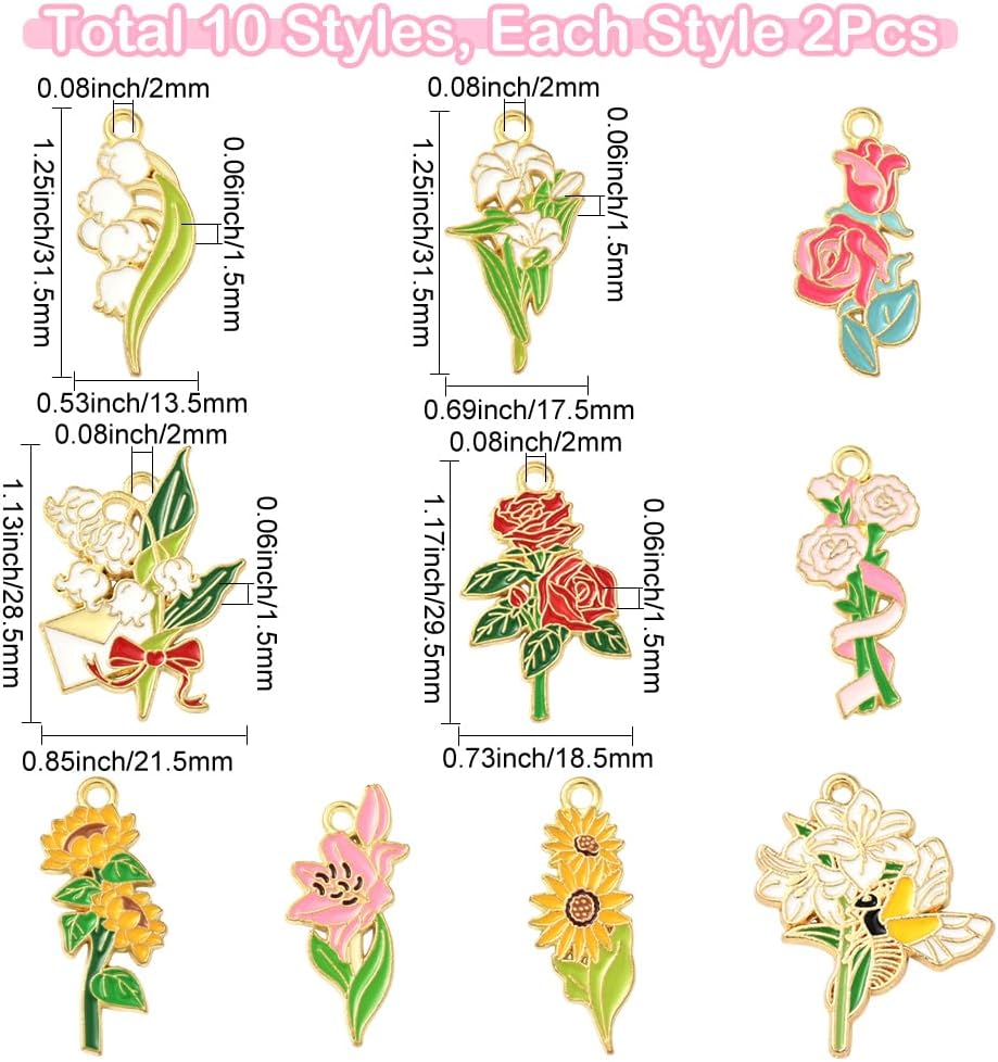 SUNNYCLUE 1 Box 20Pcs 10 Styles Enamel Flower Charm Gold Floral Charms Bulk Metal Alloy Spring Sunflower Lily Rose Lily of The Valley Pendants for Jewelry Making Necklace Bracelet Earring DIY Craft - Image 2