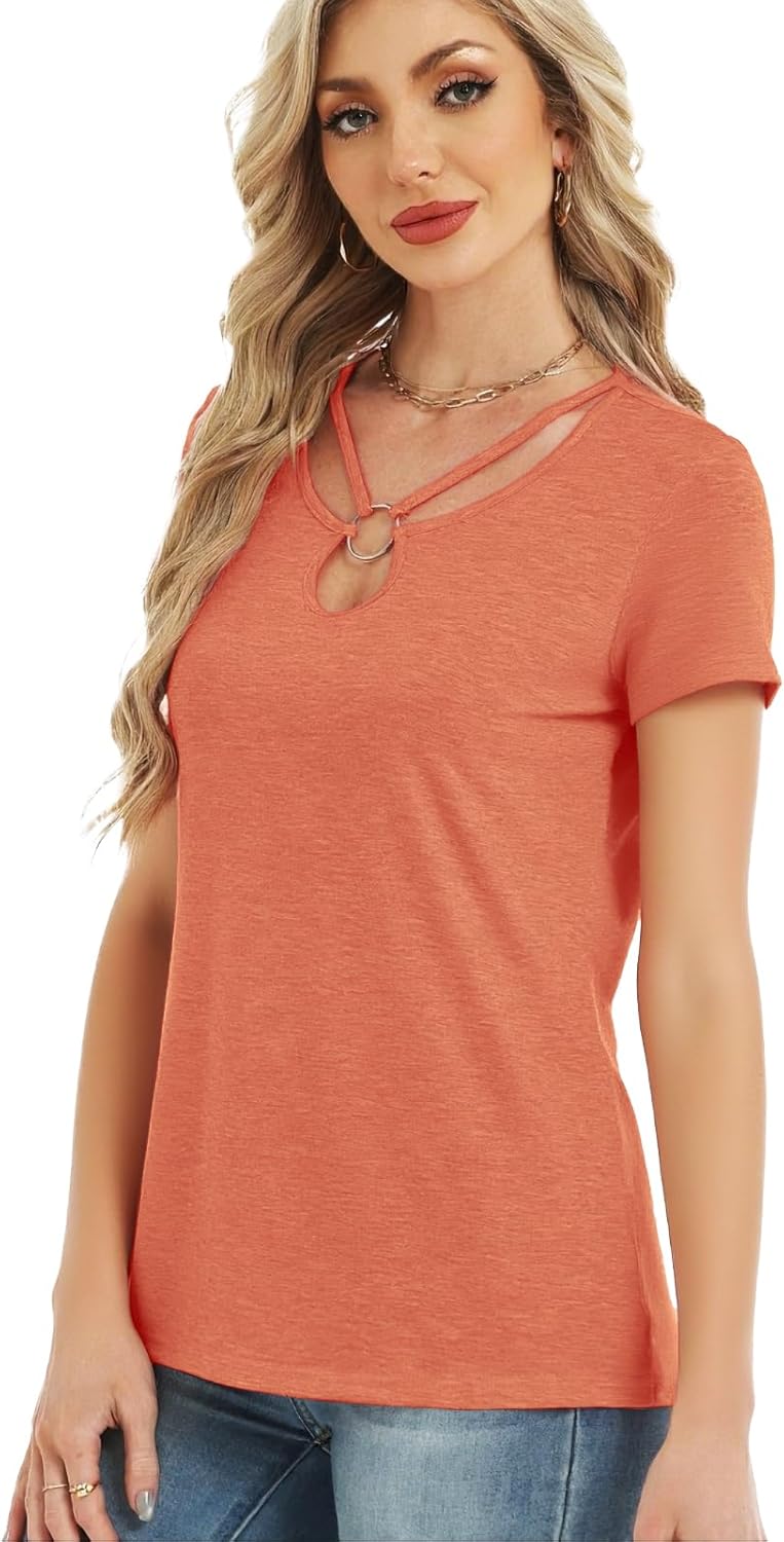 Womens Summer Tops Keyhole Neck Short Sleeve Tee Shirts Fashion Cutout Ring Sexy Casual T Shirts Trendy 2026 - Image 3