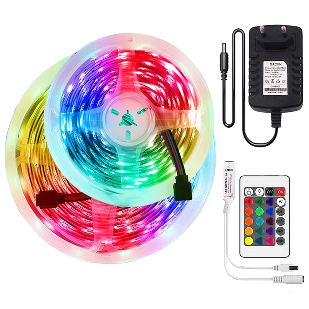 XUNATA Kit de tiras de LED RGB de 12V- Tira de luz autoadhesiva SMD 2835 30LEDs/m, Control Remoto 24 teclas, Fuente de alimentación de la UE (20m, Impermeable)
