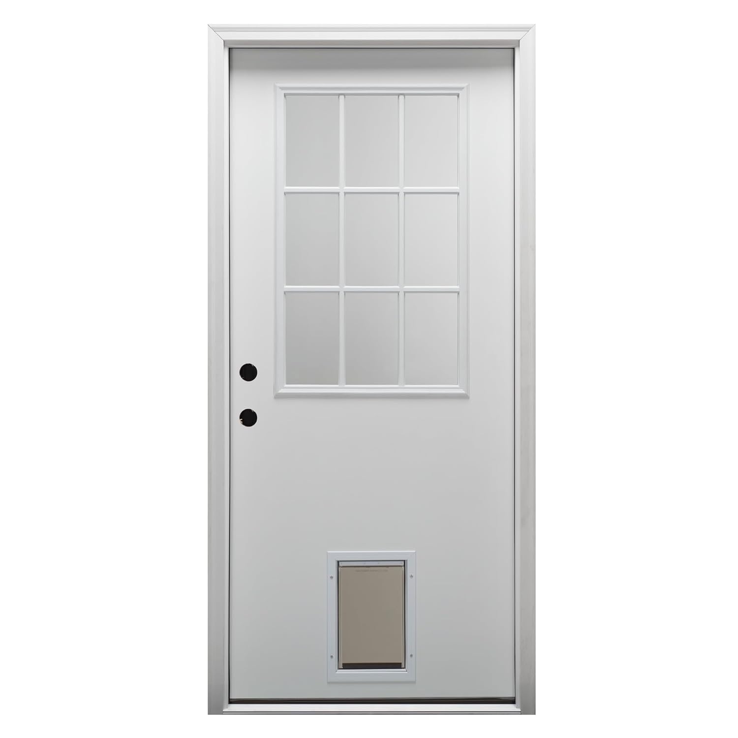 National Door Company ZZ00550R Fiberglass Smooth Primed, Right Hand in-Swing, Prehung Front Door, 9 Lite with Pet Door, Clear Glass, 32" x 80"