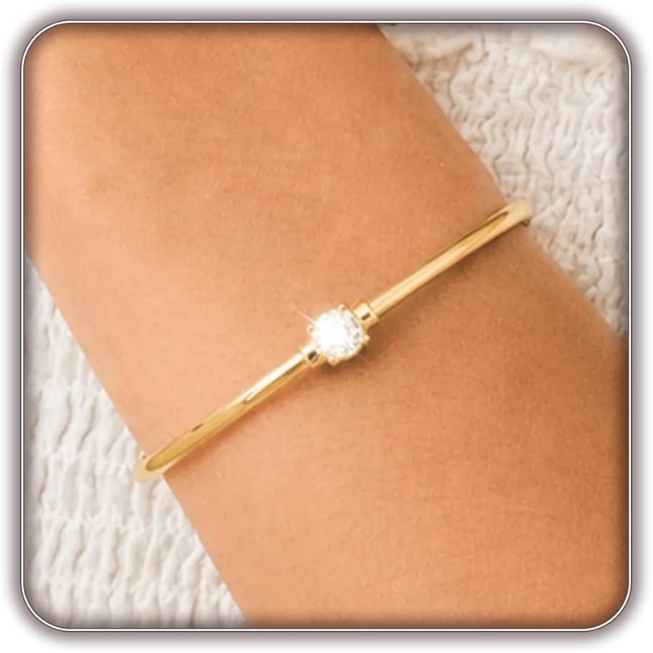 Gold Cuff Bracelets for Women, 14K Gold Plated Dainty Open CZ Cuff Bracelet Adjustable Stackable Open Bangle Bracelet Birthday Jewelry Gift for Her