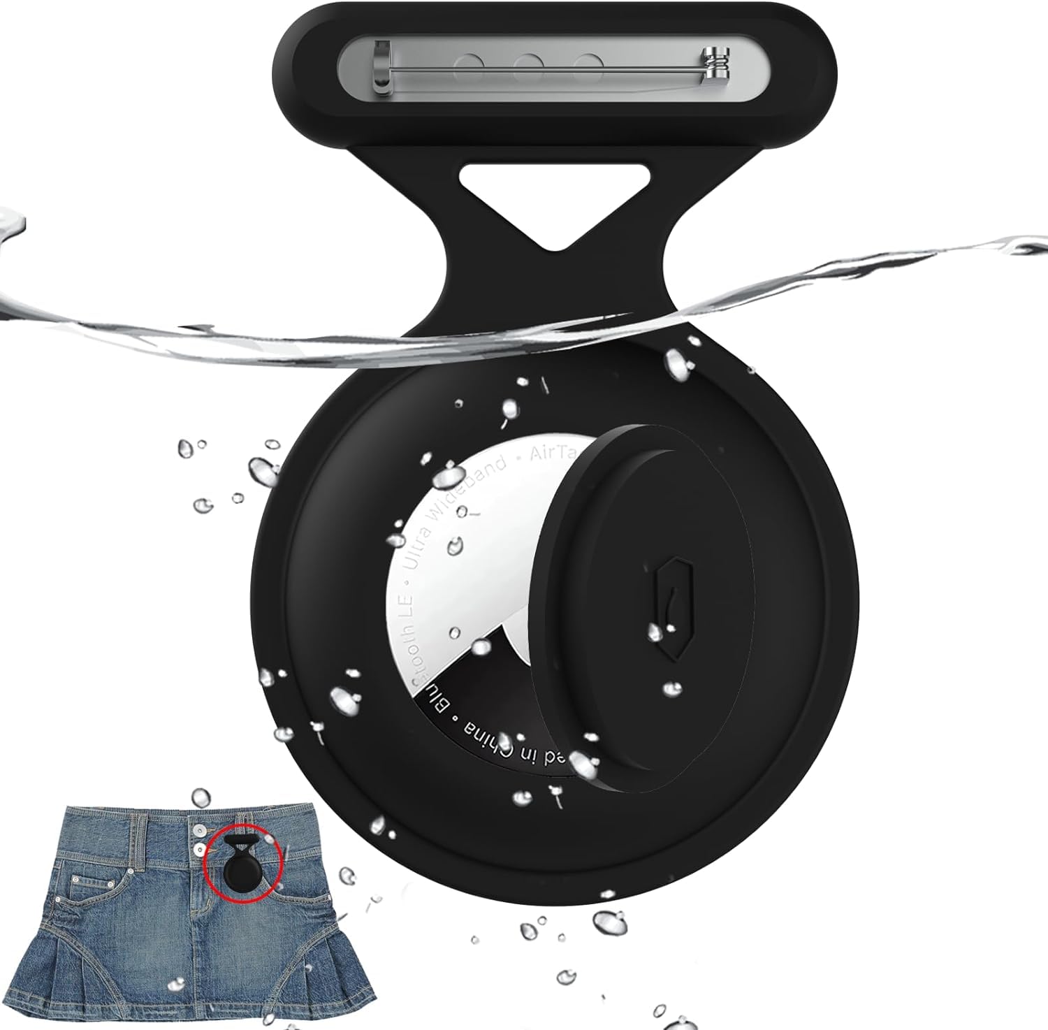 Soft Silicone Air tag Hidden GPS Tracker Case with Pin Brooch, Waterproof Kids Airtag Holder Case Compatible with Apple Airtag, Anti Lost Air Tag Protective Case for Elderly, Toddlers (Black)