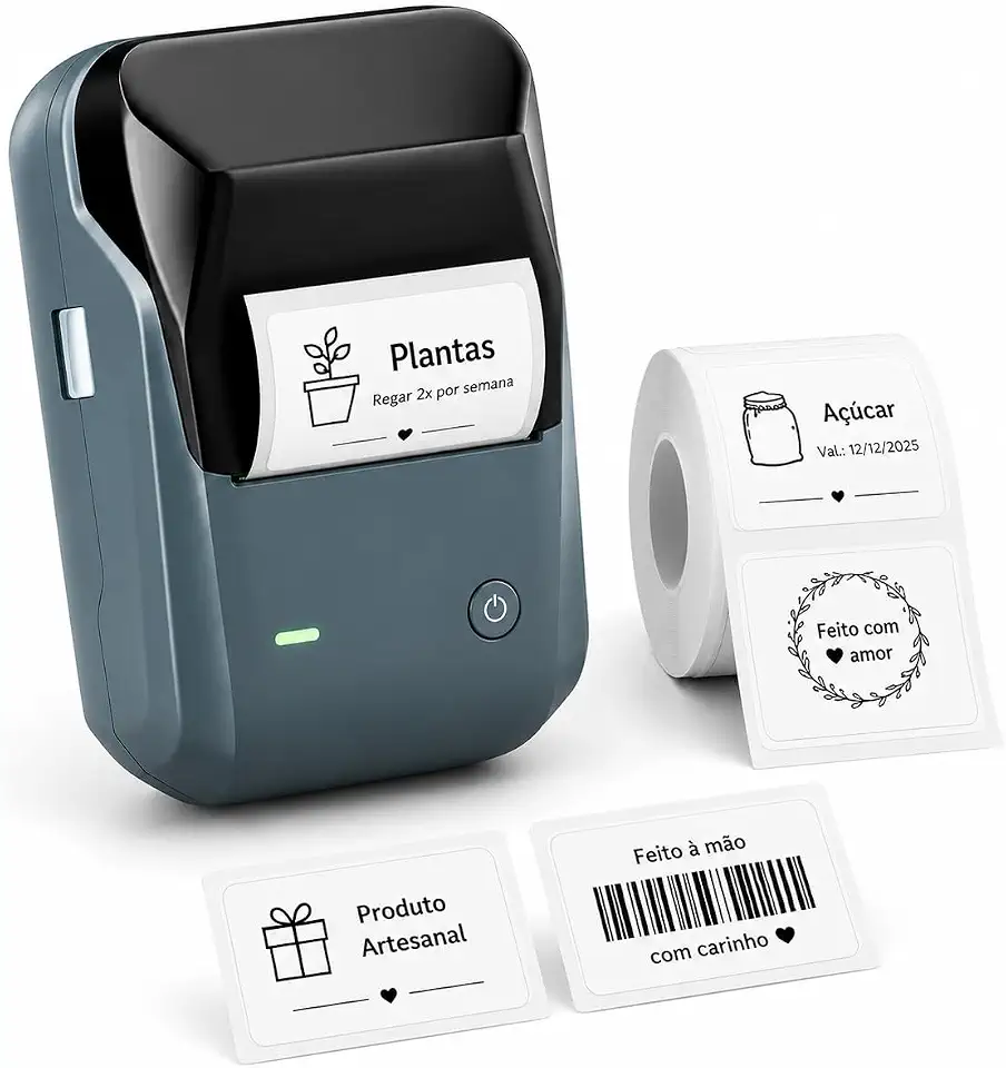 Impressora de Etiquetas Térmicas Portátil Bluetooth Rotuladora de Etiquetas Adesivas para Cozinha Escritório e Casa com Rolo de Etiquetas