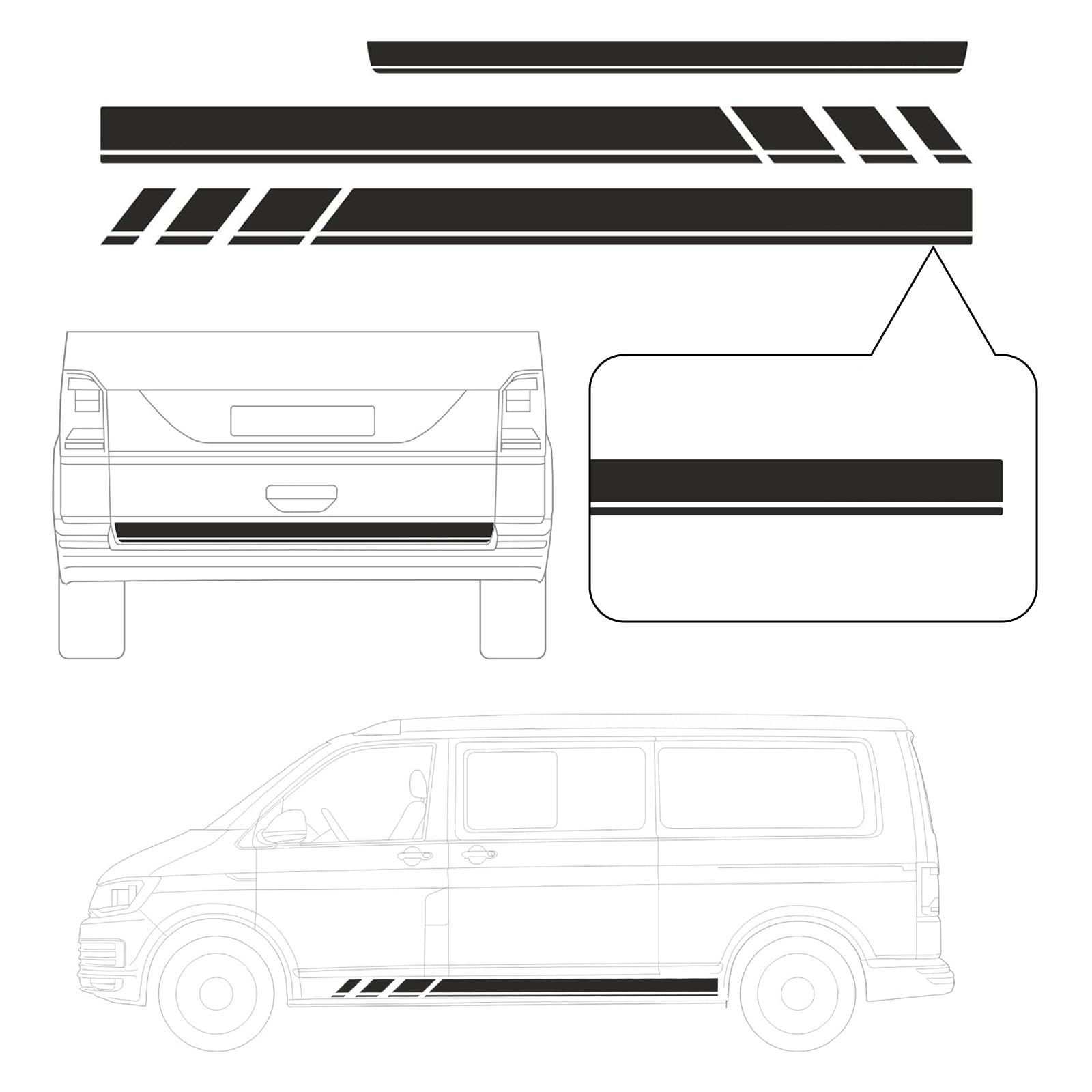 Strisce Laterali Sostituzione per VW T5 T6 T6.1 California 2003-2024, 2 Adesivi Laterali + 1 Adesivo Portellone Posteriore, Nero