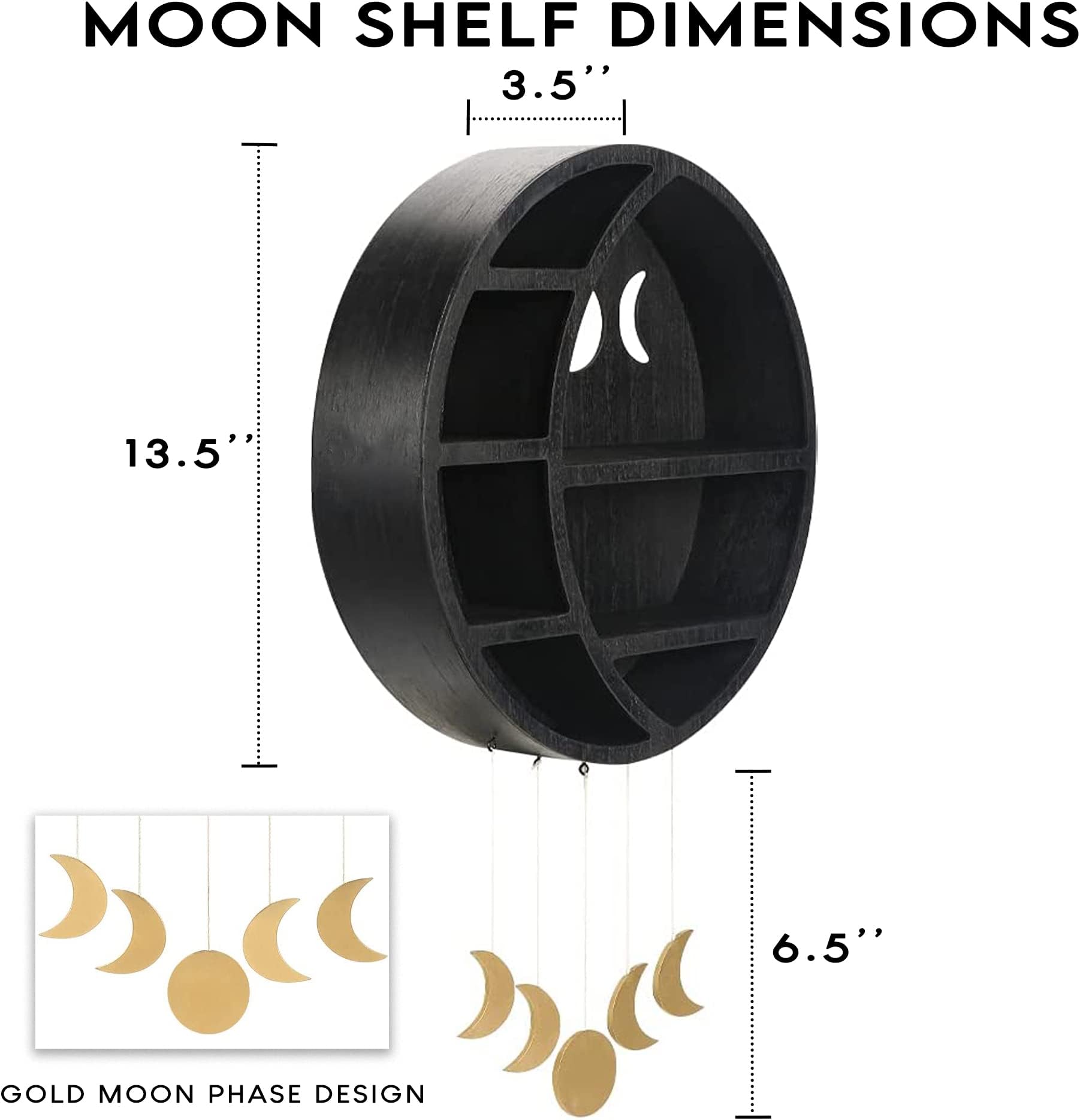 Ella & Emma Wooden Moon Shelf - Crescent Moon Crystal Storage & Wall Hanging Shelves for Bedroom Aesthetic, Moon Phase Wall Decor & Display Shelf, Pinewood, Black