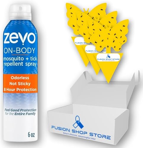 Zevo On Body - Repelente de mosquitos y garrapatas, 6 onzas (1), juego con 3 piezas de trampa adhesiva para frutas exclusiva Fusion Shop Store. disponible en Yaxa Peru