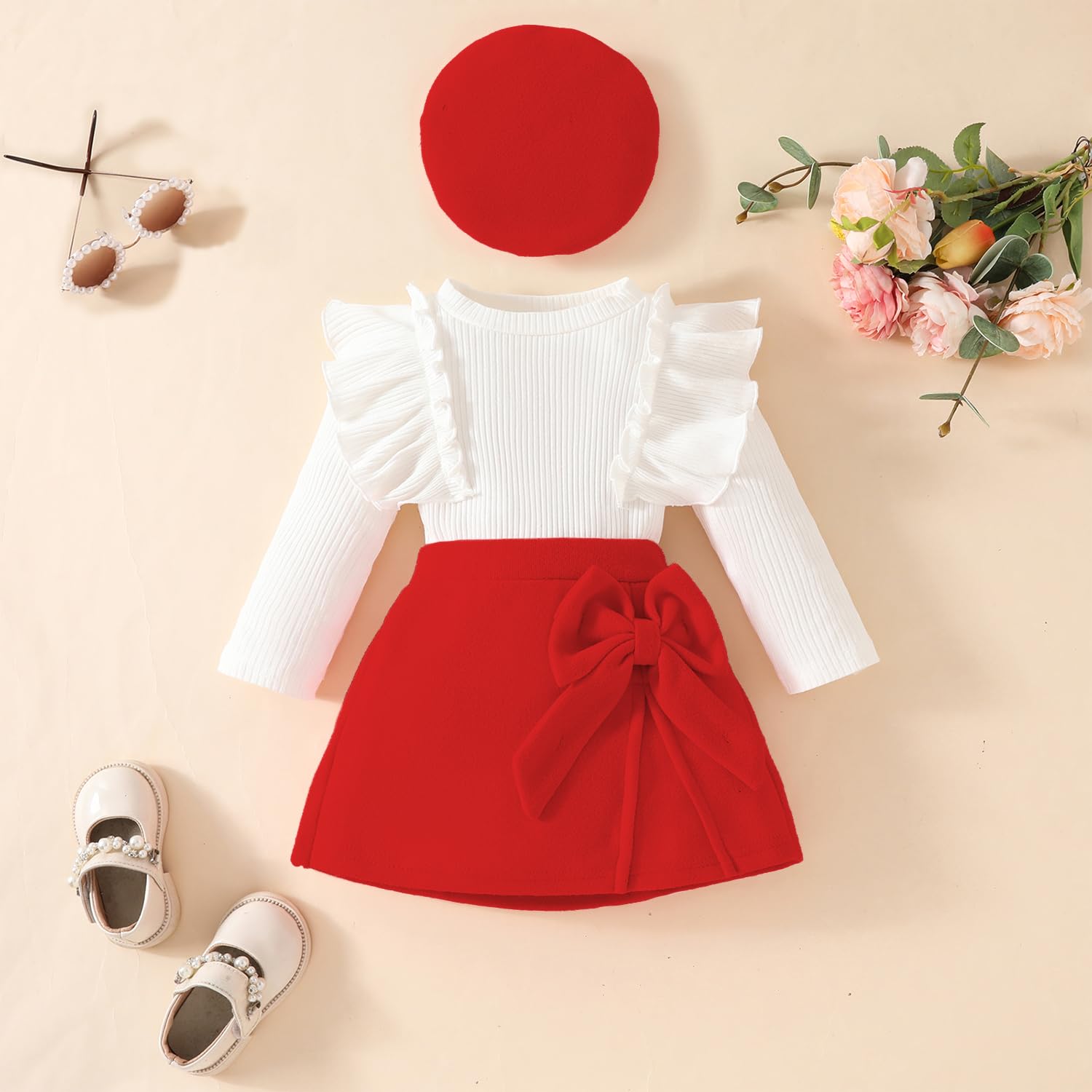 Kleinkind Baby Mädchen Outfits Rüschenärmel Gestrickt Bowknot Shirt + Elegant Mini Rock+ Baskenmütze 3 Stück Sommer Herbst Kleidung Sets
