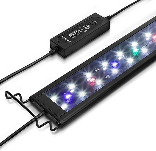 Luz de acuario, luz de acuario de espectro completo con soporte expandible, LED blanco, azul, rojo, verde, temporizador ajustable y brillo para