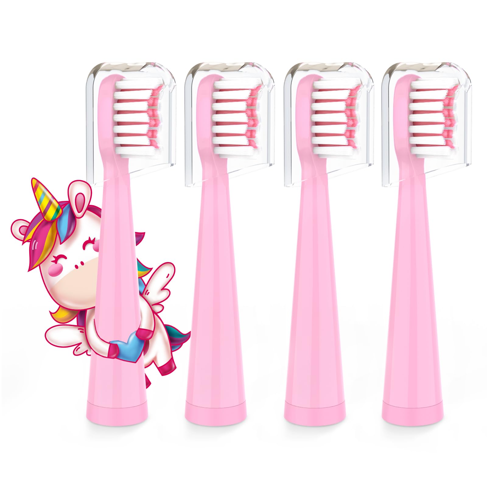 Sonic Kids Electric Toothbrush Replacement Heads - 7X More Plaque Removal, End-Rounded 3D Curved Soft Bristles, Comfortable & Efficient Clean Teeth, Perfect for Kid Small Mouth, Pink (4 Pack)