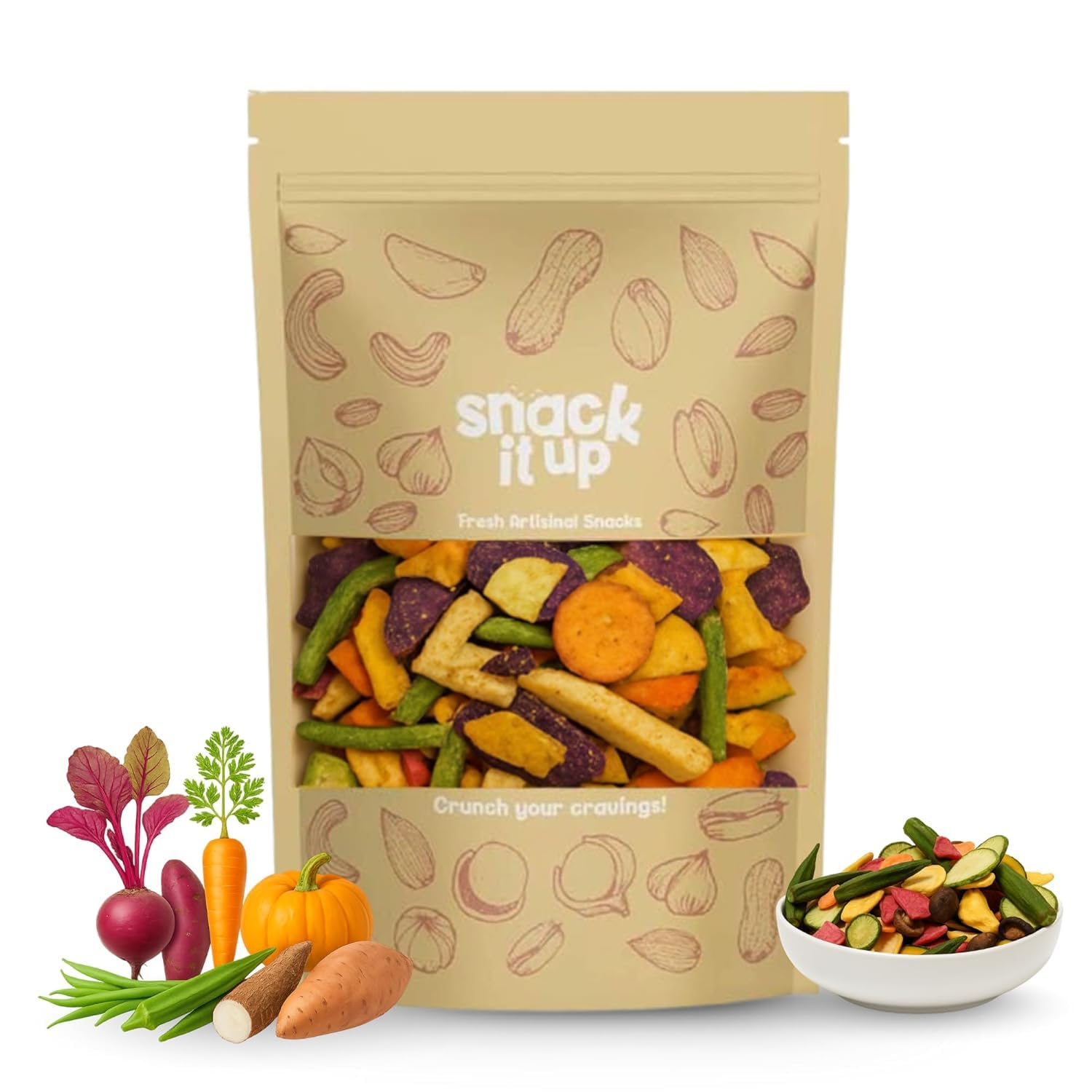 Snack It Up Vacuum Cooked Mix Vegetable Chips 90gm | Vegetable Snacks Baked | 8 Real Dehydrated Air Fried Vegetables | Guilt‑Free & Oil‑Free, No Palm Oil Healthy Snacks | Beetroot/Purple Sweet Potato/Carrot/Okra/Green Beans/Pumpkin/Tapioca | Lightly Salted-image-28