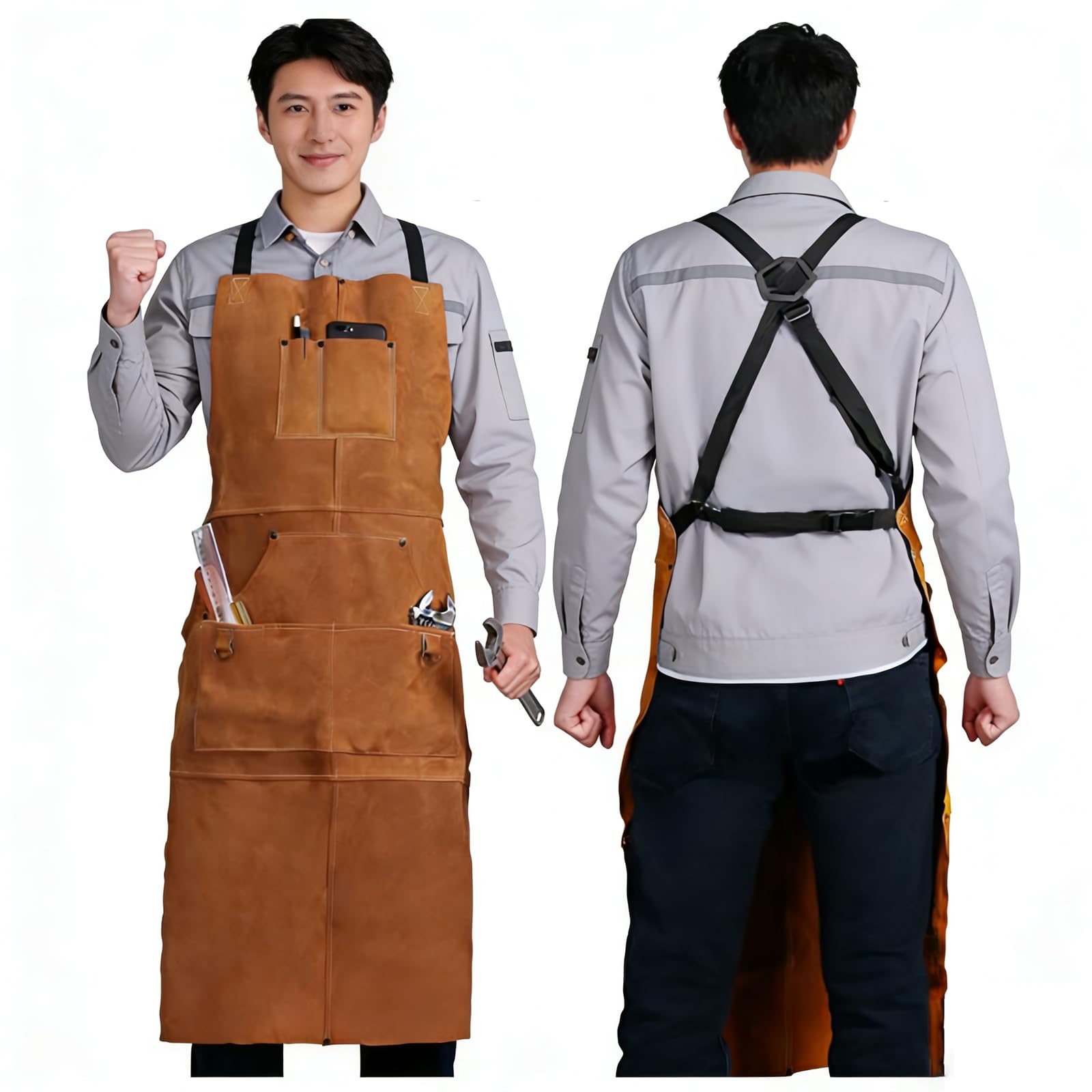 Grembiule da Saldatura Lungo 98cm - Pelle Scamosciata Doppia Faccia con 6 Tasche per Attrezzi, Resistente al Calore per Officina, Fucina, Giardino & Grigliata - Uomini & Donne