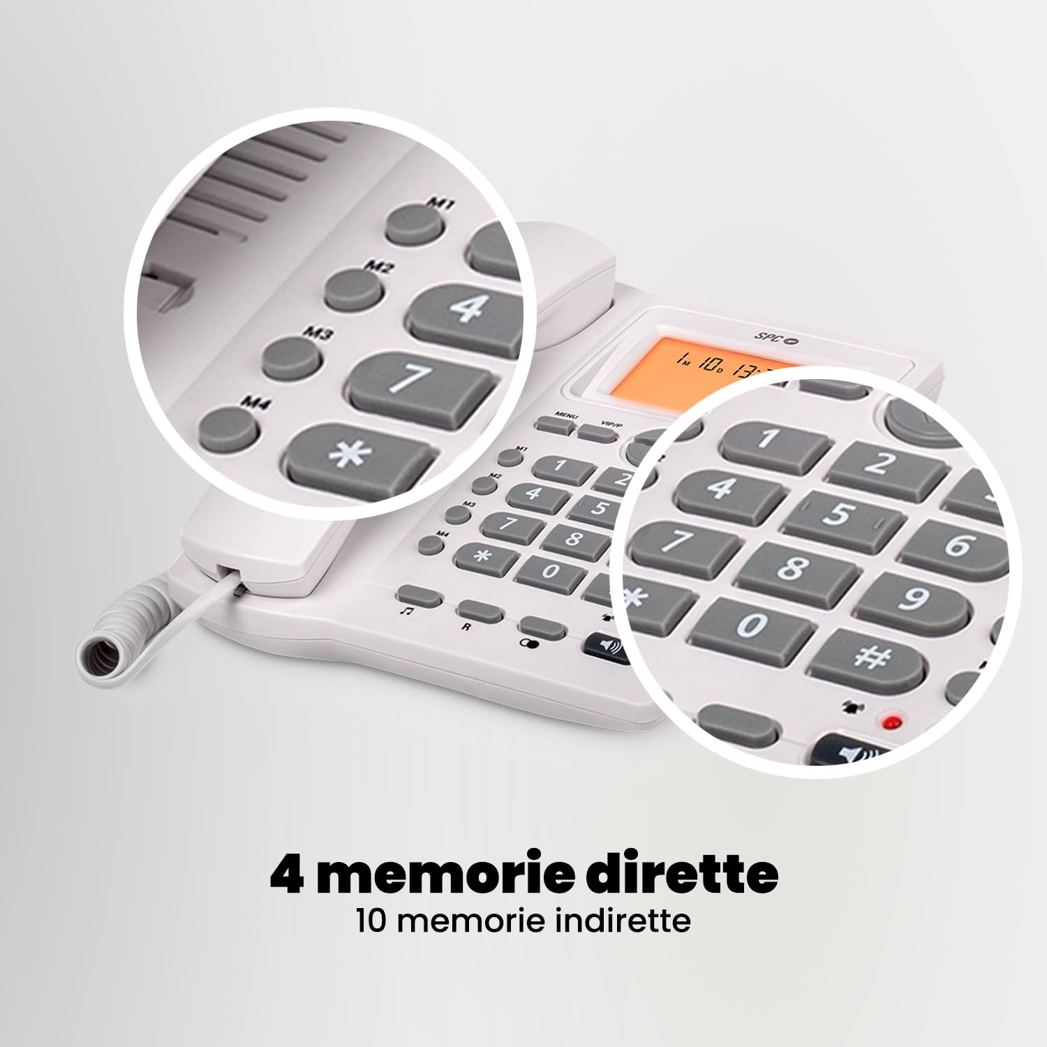 SPC Office ID 2 - Telefono fisso con display illuminato, 4 memorie dirette e 10 indirette, 2 livelli di suoneria, ID chiamante, segnale luminoso, vivavoce, da tavolo o a parete - Bianco