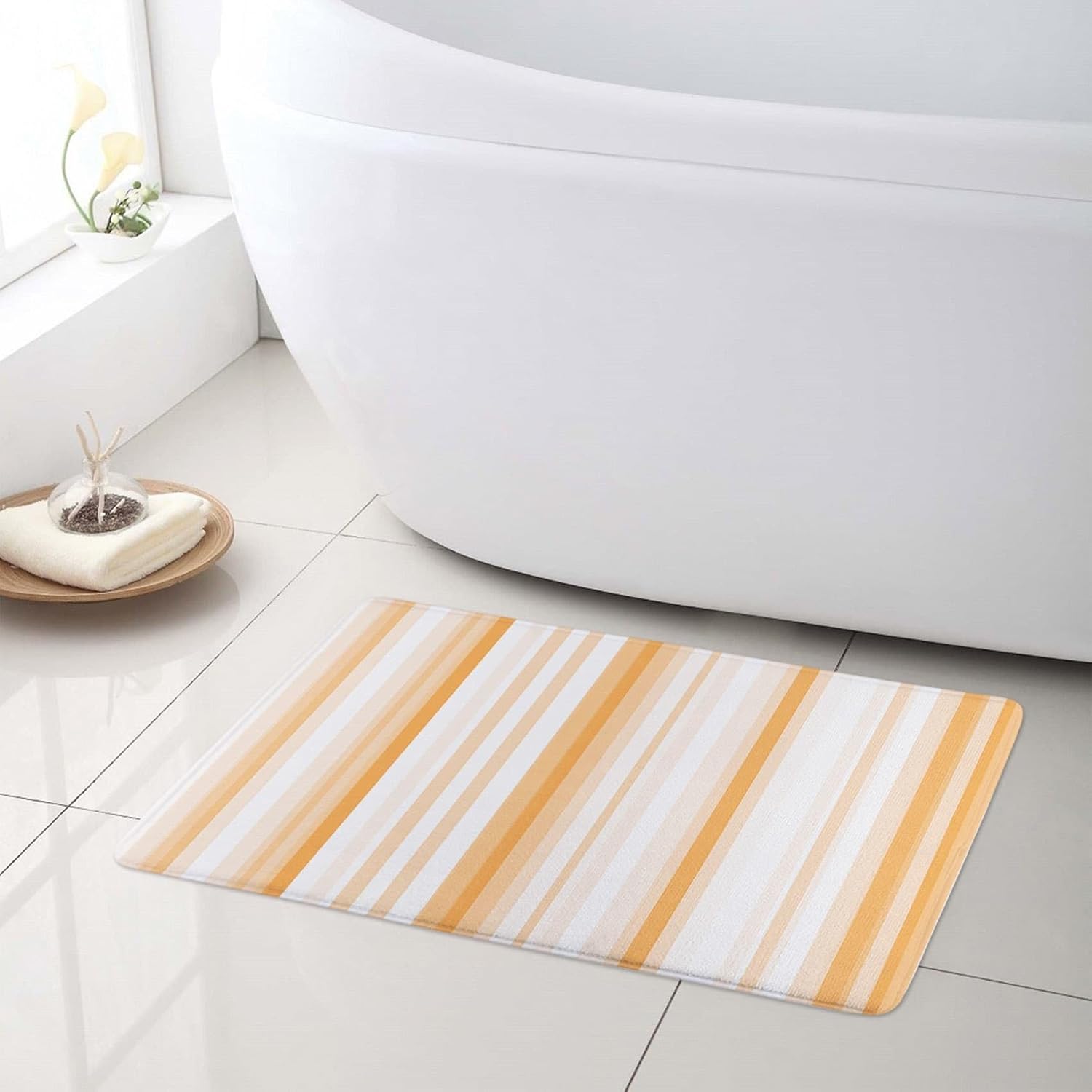 LB Orange and White Striped Shower Curtain, Modern Minimalist Textured Shower Curtain and Rug Set, Washable Waterproof Fabric Bathroom Curtains with Hooks,72x72 inch