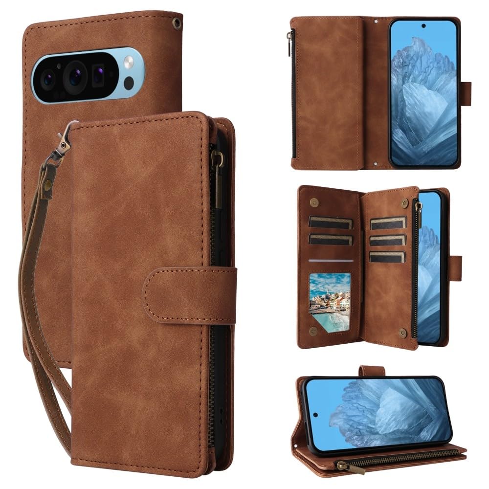Étui de téléphone en cuir Google Pixel 7A finition portefeuille marron - 8