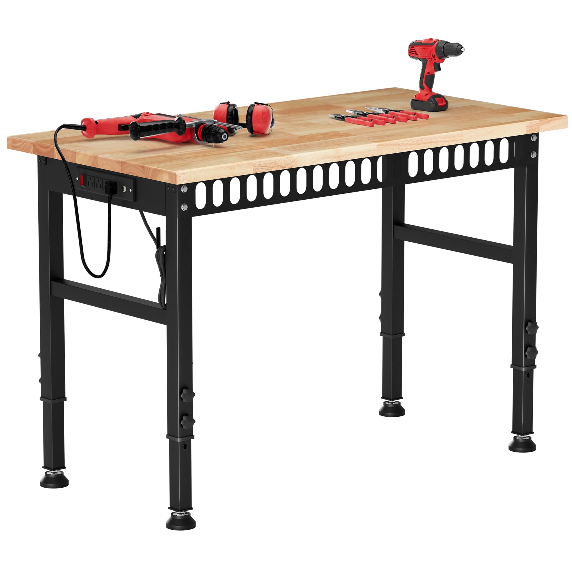48'' Adjustable Workbench with Power Outlets, Rubber Wood Top Heavy Duty 2000 LBS Load Capacity Workstation for Garage, Workshop, Commercial,Office,Home