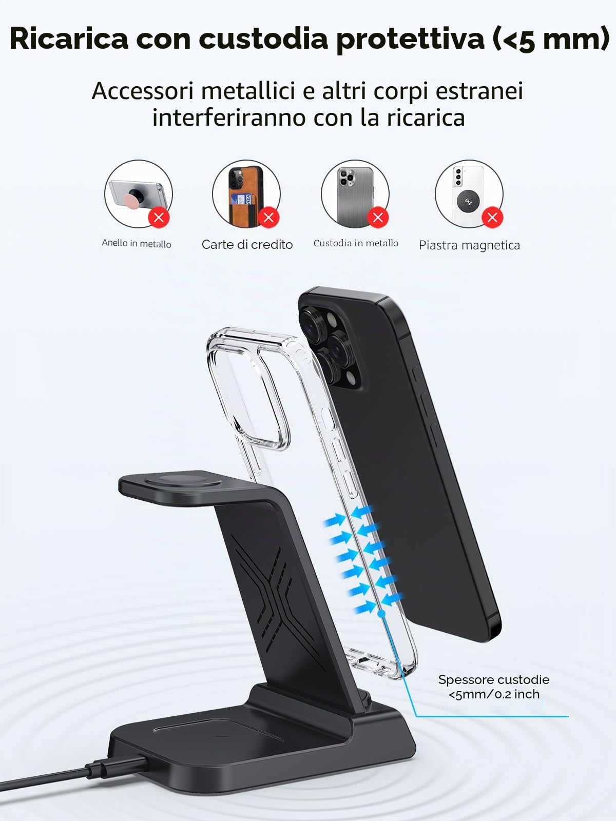 Caricabatterie Wireless per Apple, 3 in 1 Stazione di Ricarica Wireless con Orologio per iPhone 16/15/14, per Caricabatterie per Apple Watch 10/9/8/7/6/SE, Charging Station con Air Pods 4/Pro