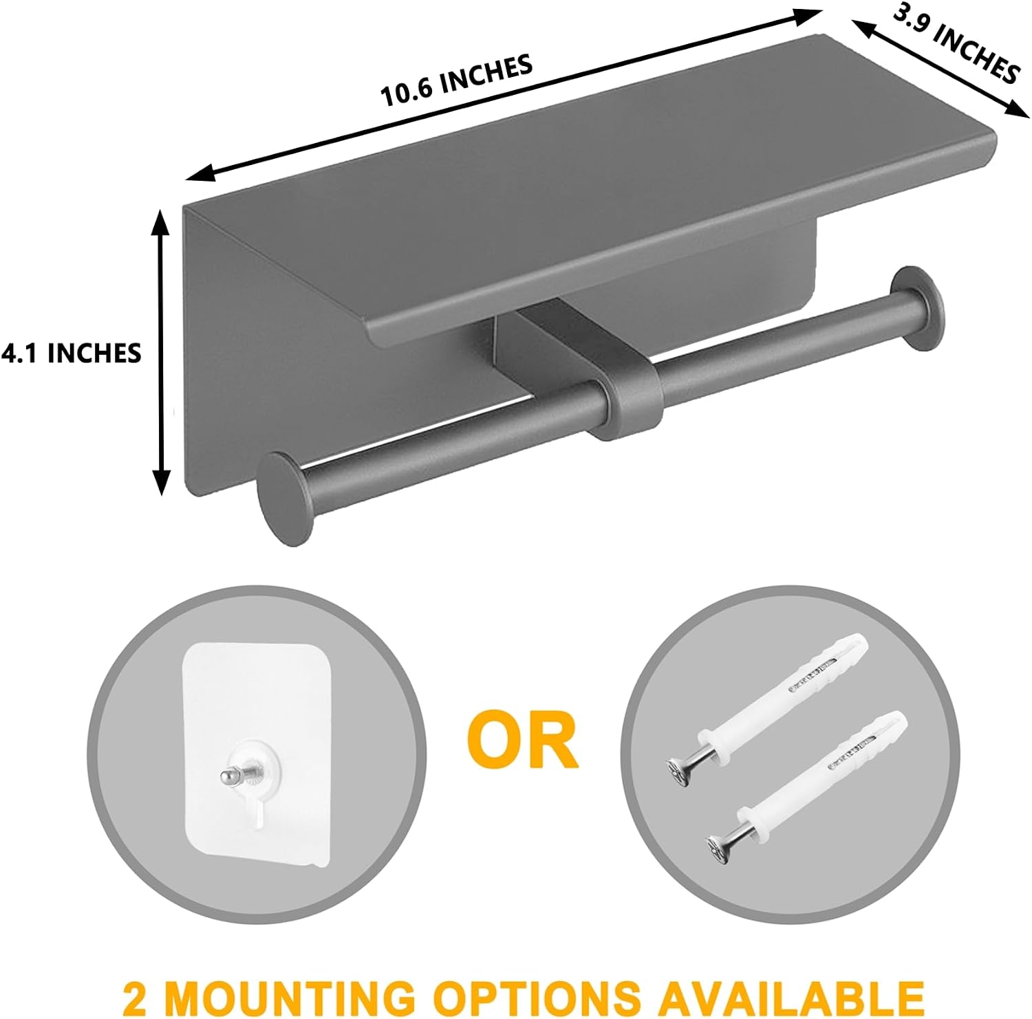 Double Toilet Paper Holder Stainless Steel Tissue Roll Rack with Phone Storage Shelf (Grey)