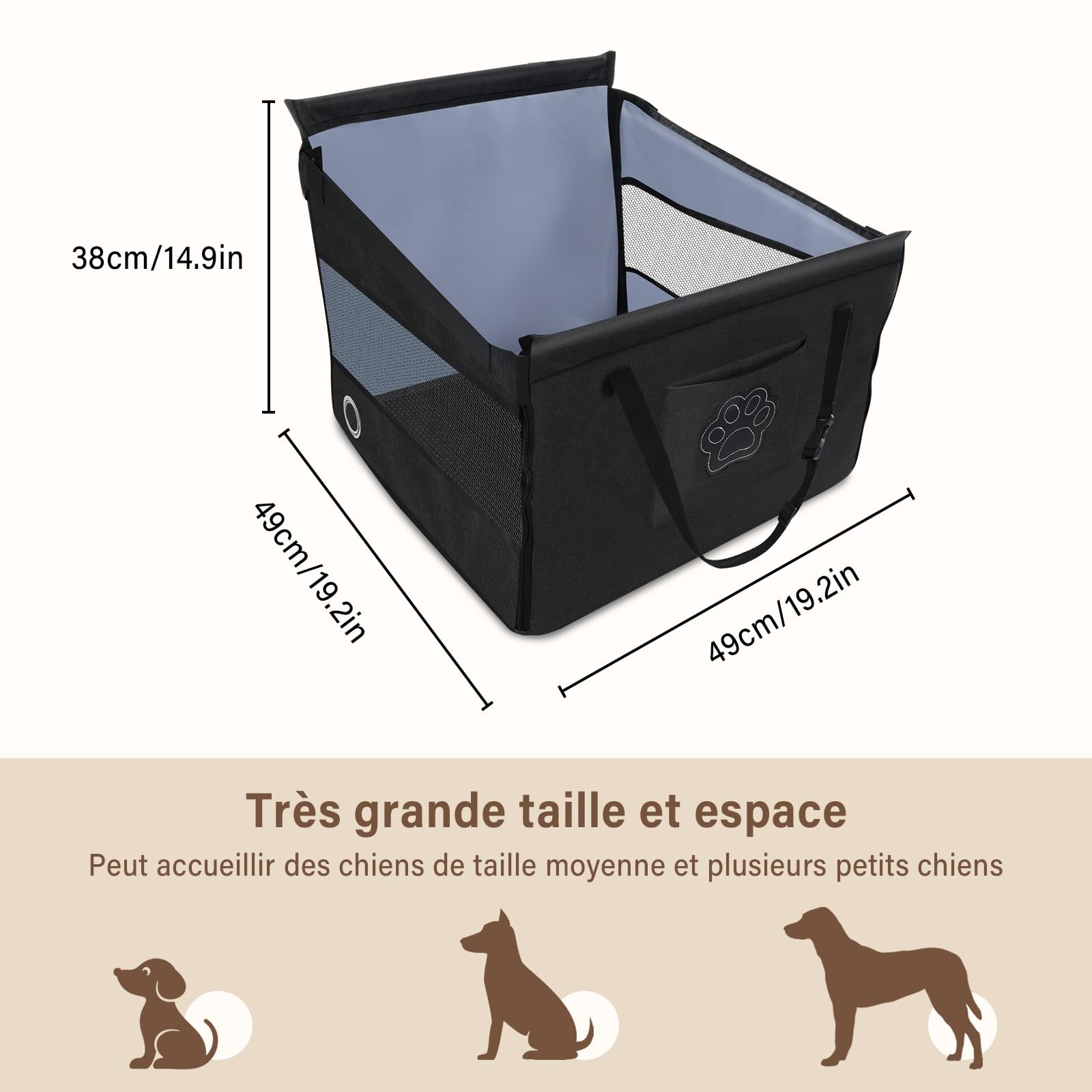 Siège Auto Chien Sécurisé, Panier Voiture Chien Confortable, Protection Voiture Chiens avec Fenêtre Aérée, Sangle Réglable, Compatible avec Tous Véhicules (49x49x38cm)