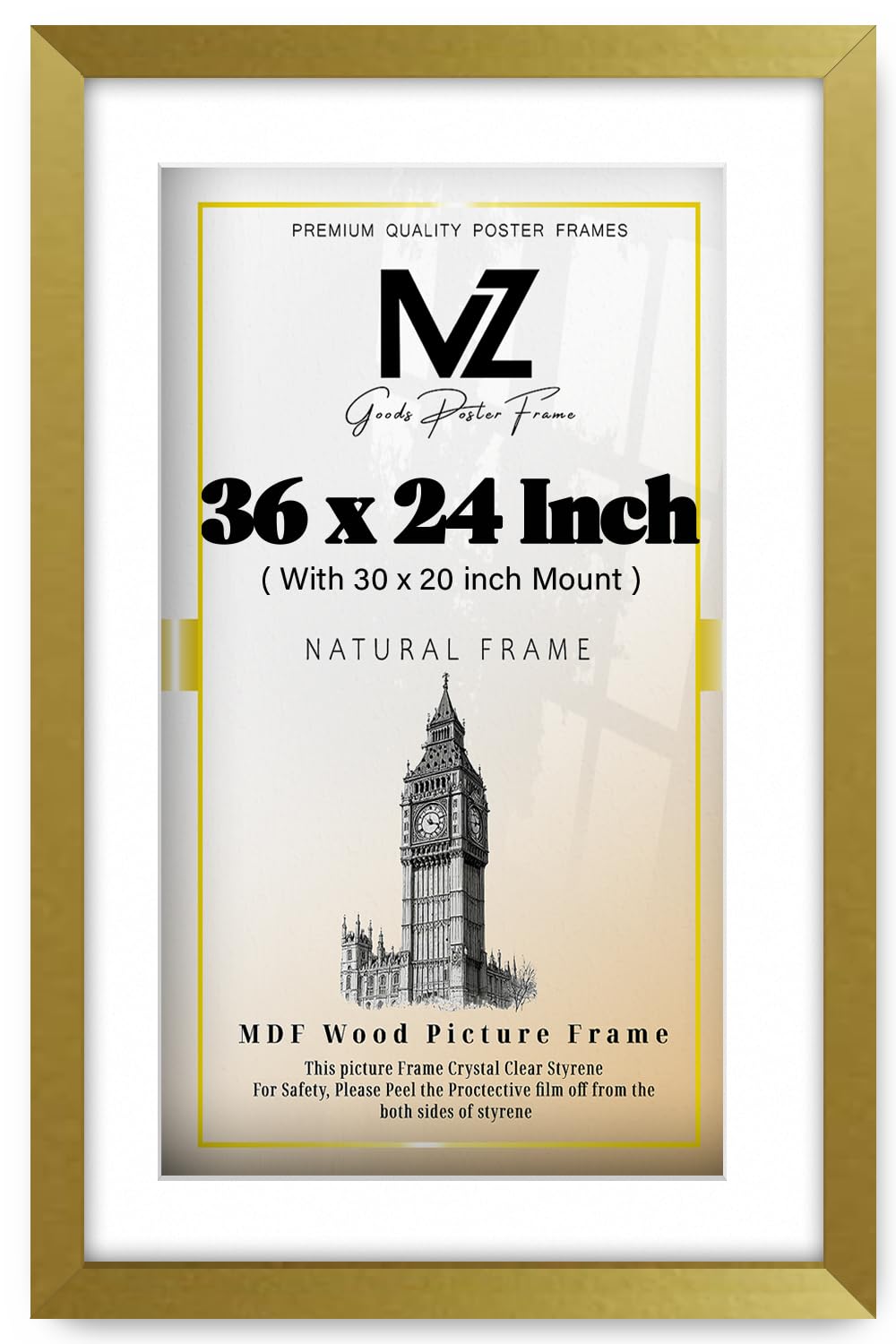 Mz Goods Gold | Mdf Contemporary Wall Frame (91.44 X 60.96 Cm) With 762 X 508 Mm White Mount Elegant Hanging | 36X24 Inch Poster, Diploma, Award, Picture Frame [ ]