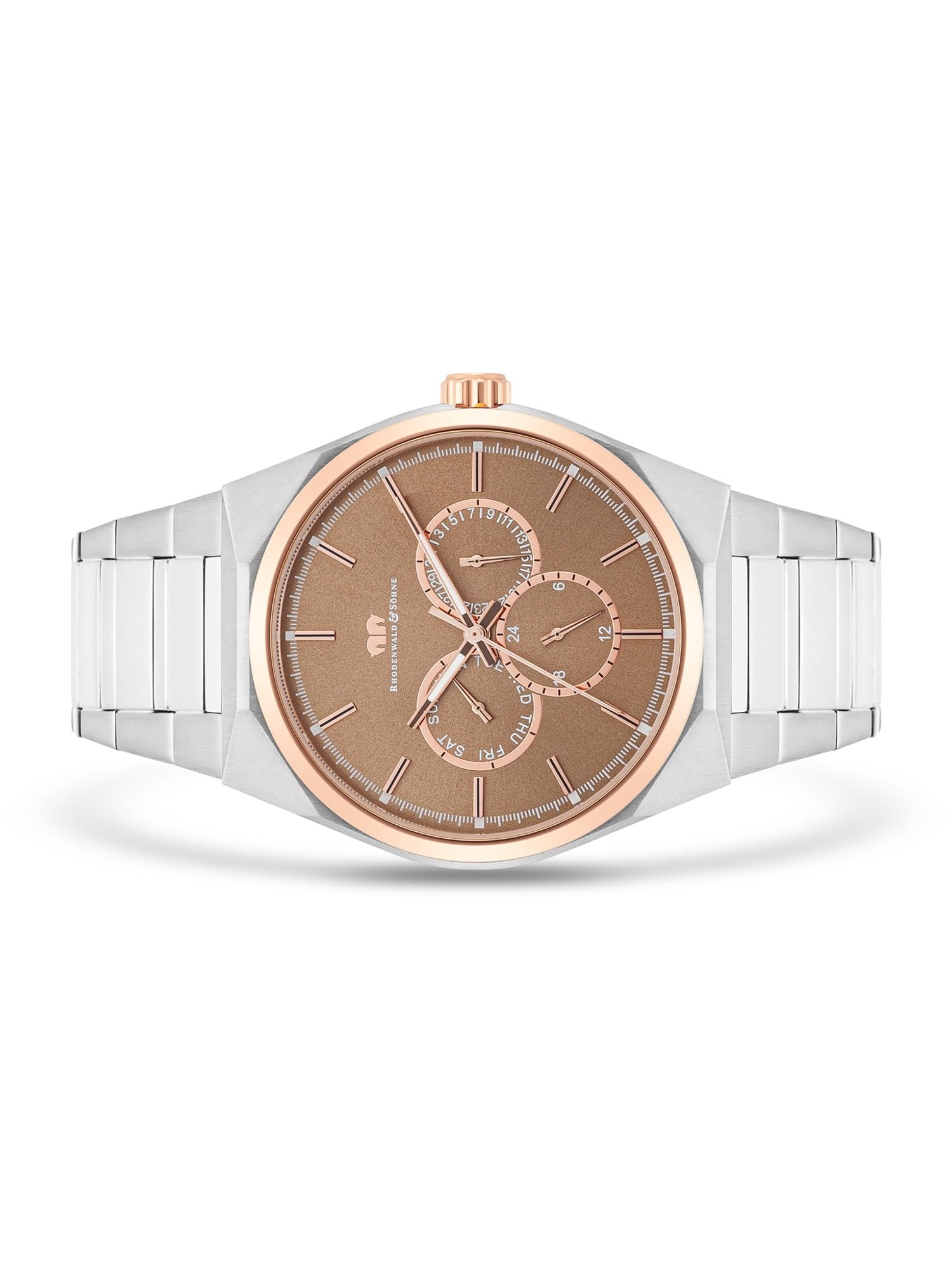 Rhodenwald & Söhne Herren Uhr Edelstahl roségold/Silber Quarzwerk 5 ATM | Edelstahl Armband, silber, Gliederarmband, Multifunktion(en), Zifferblatt bronze, Mineralglas, Armbanduhr