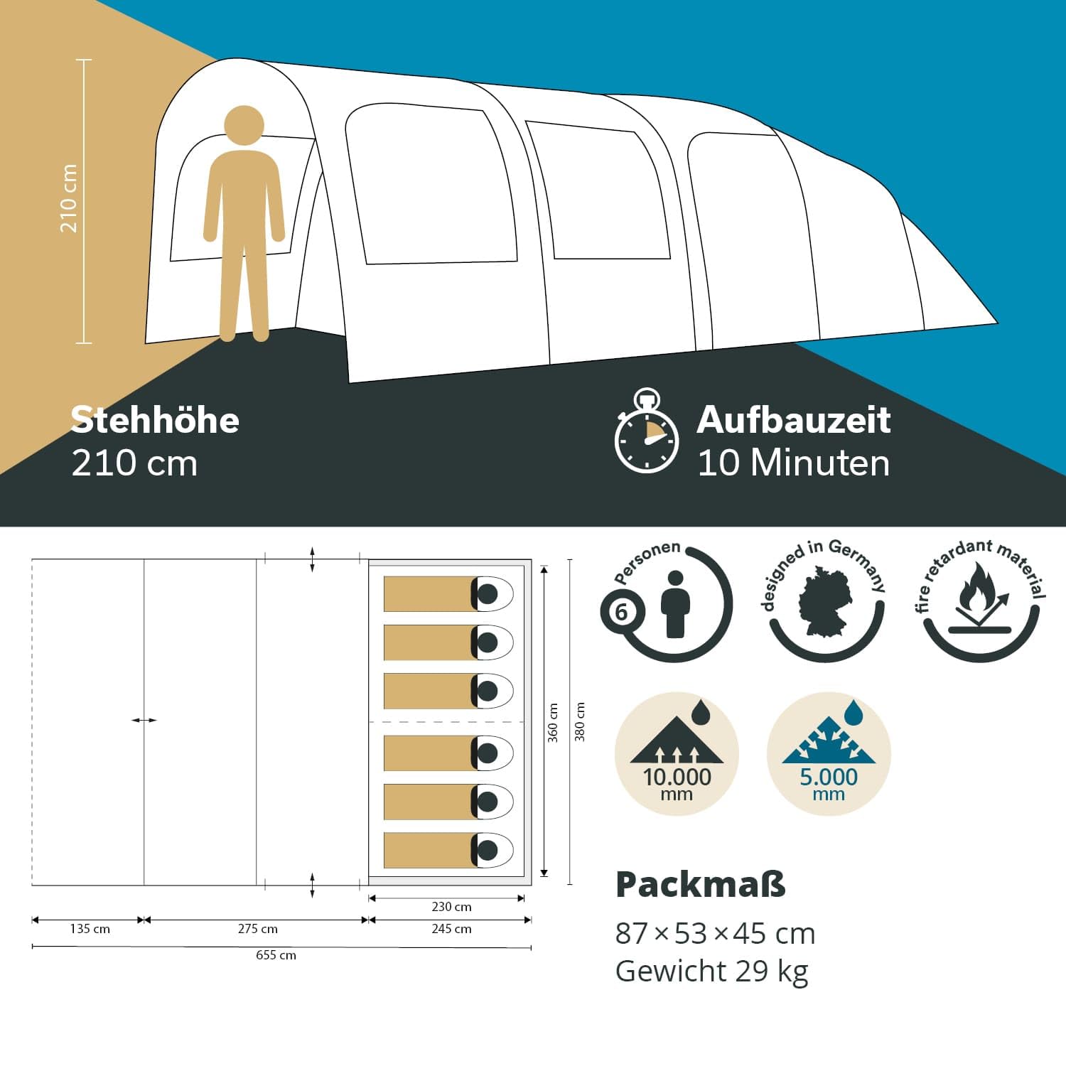 Skandika Timola 6 Air nadmuchiwany namiot powietrzny dla 6 osób, z technologią Sleeper / bez niego, słup wody 4000 mm, wysokość 220 cm, Canopy, Air Tent, namiot rodzinny, outdoor, kemping