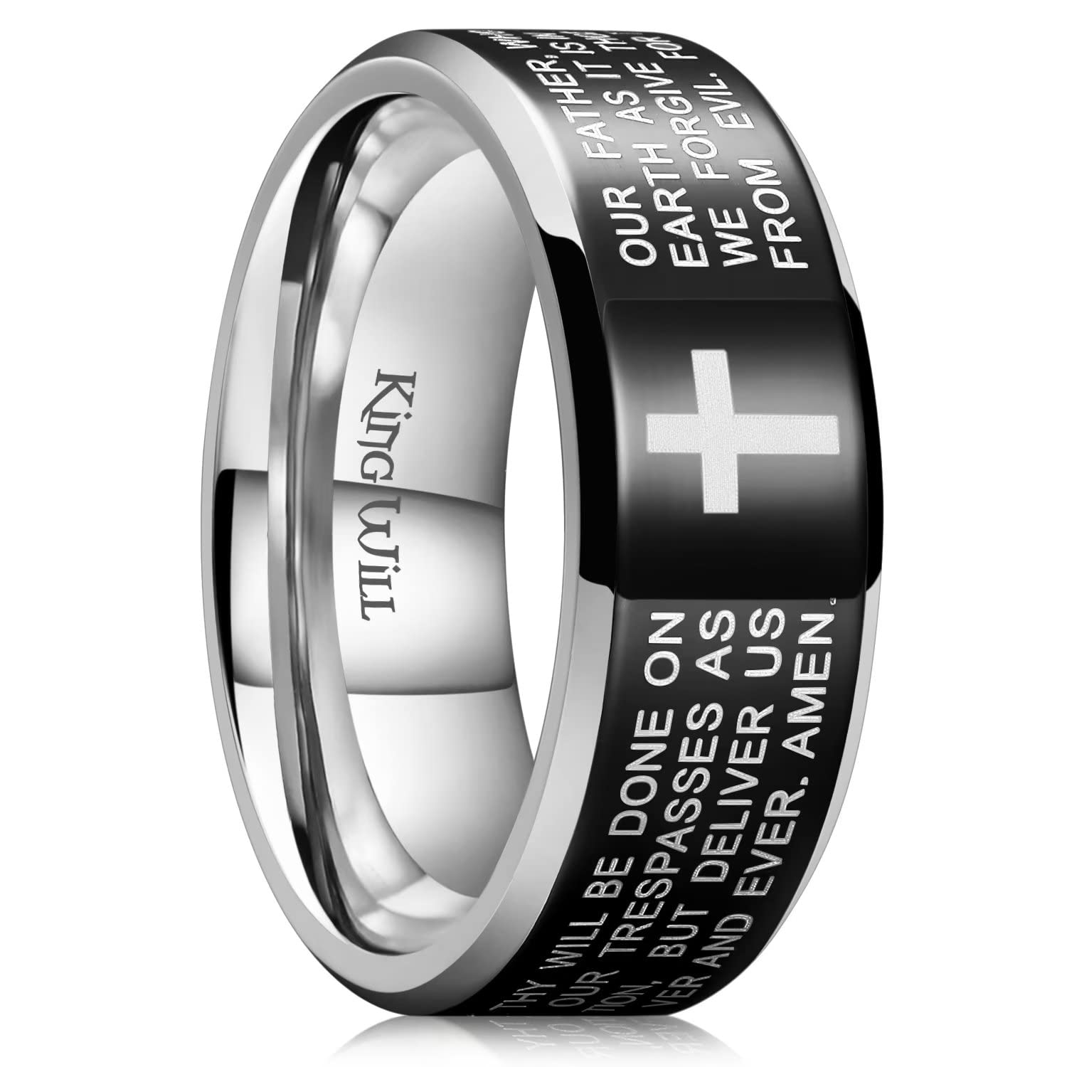 King Will Stainless Steel Men Ring Lord's Prayer Cross Ring Stainless Steel Men Wedding Ring, Wedding Band Bible Engraved Rings High Polished, Comfort Fit