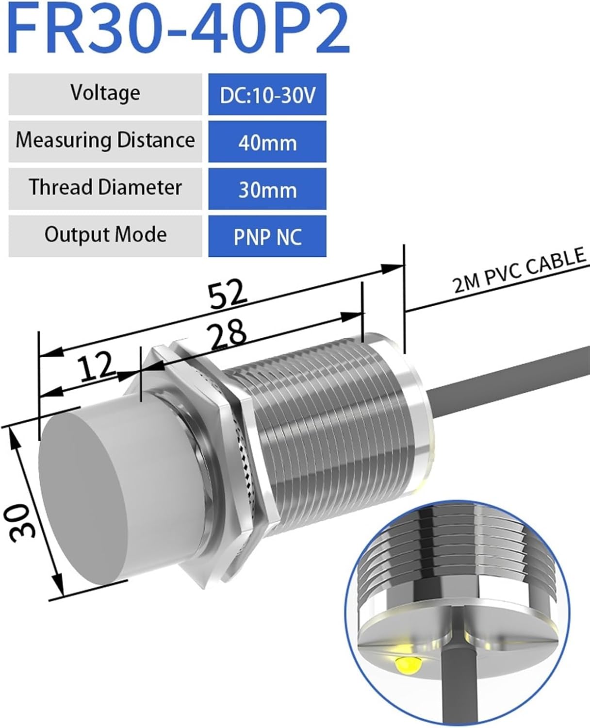 M30 Long Distance Proximity Sensors 12-24V DC NPN PNP Sensing Range 20mm 25mm 40mm Industrial Non-Contact Inductive Switch (Color : 40MM DC 3-wirePNP NC)