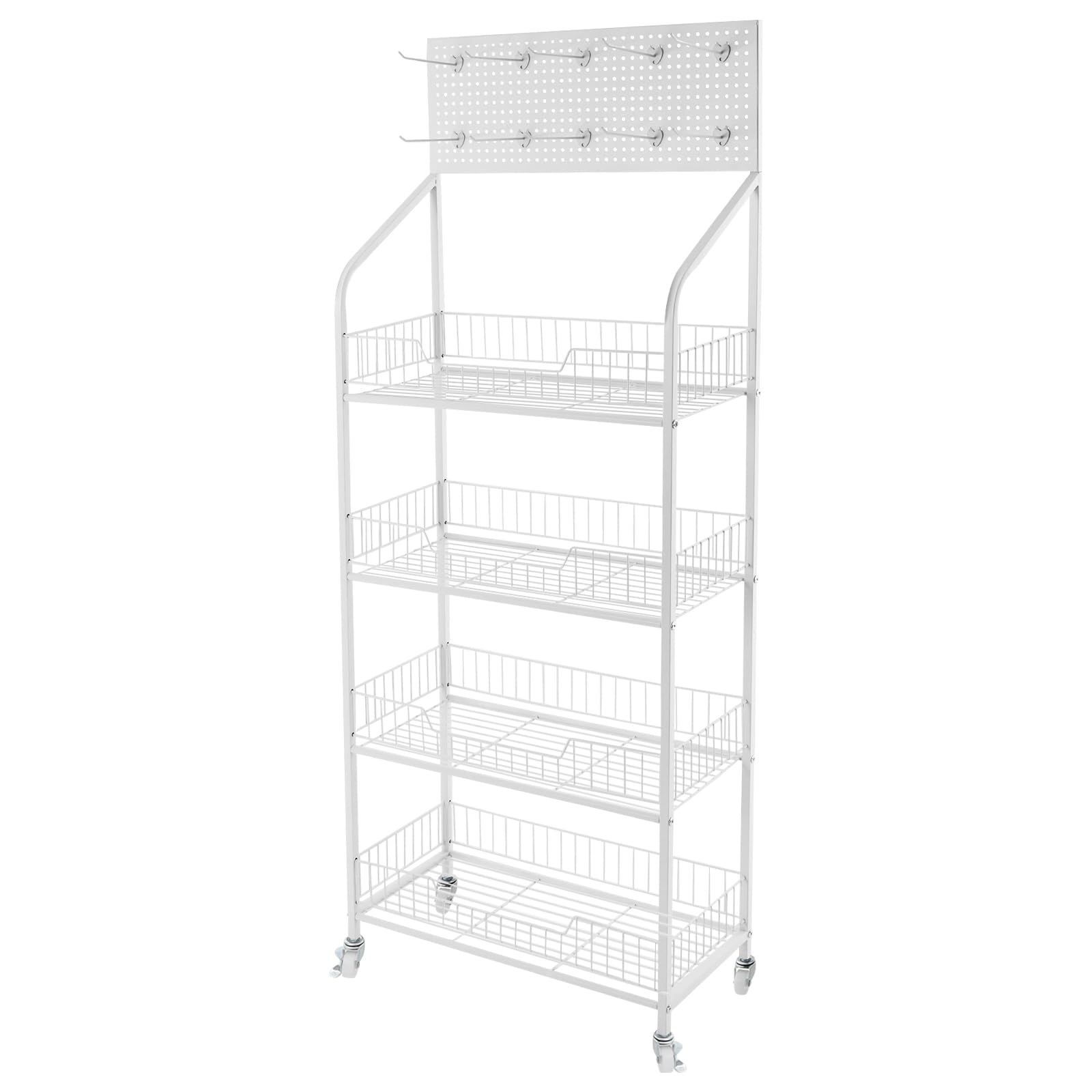 Retail Display Rack, Snack Candy Display Organizer Heavy Duty Retail Display Storage Shelves Racks with Hooks, Portable Metal Concession Stand Display Supplies for Home Shop (White, 4 Tier, Roller)
