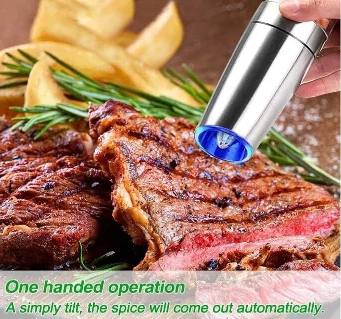 Miniatura 6 de Juego de molinillo eléctrico de sal y pimienta por gravedad automático, acero inoxidable, grosor ajustable con luz LED azul, operación con una sola
