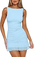 HOCILLE Women's Sexy Bodycon Boat Neck Sleeveless Mini Dress Ruched Ruffle Hem Club Party Short Dress