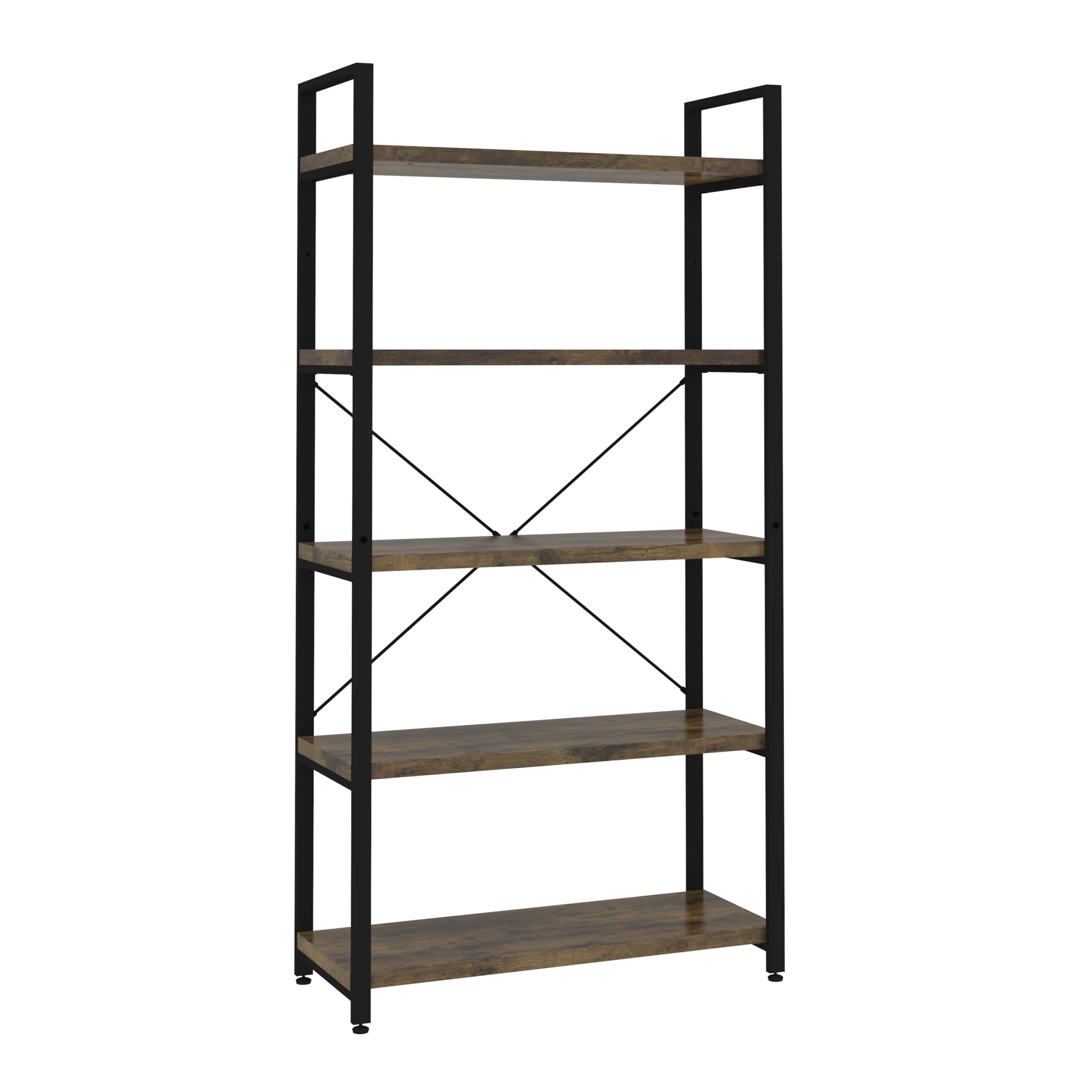 Panana 5 Tier Industrial Rustic Wooden Bookshelves, Vintage Open Wood and Metal Farmhouse Bookshelf Heavy Duty Storage Shelving Unit Rack (Brown)