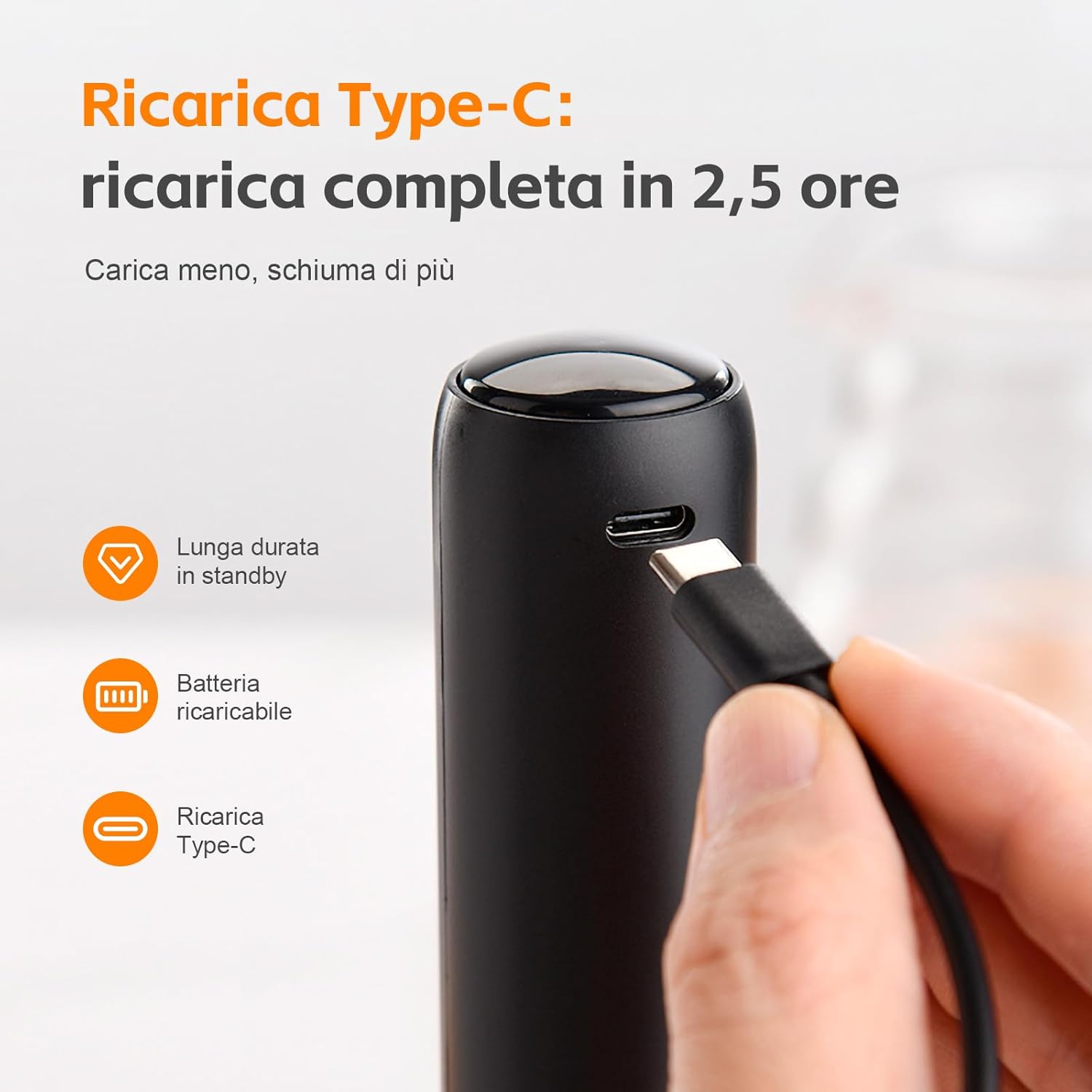 GRIFEMA Milk Frother connected to a USB-C charging cable.