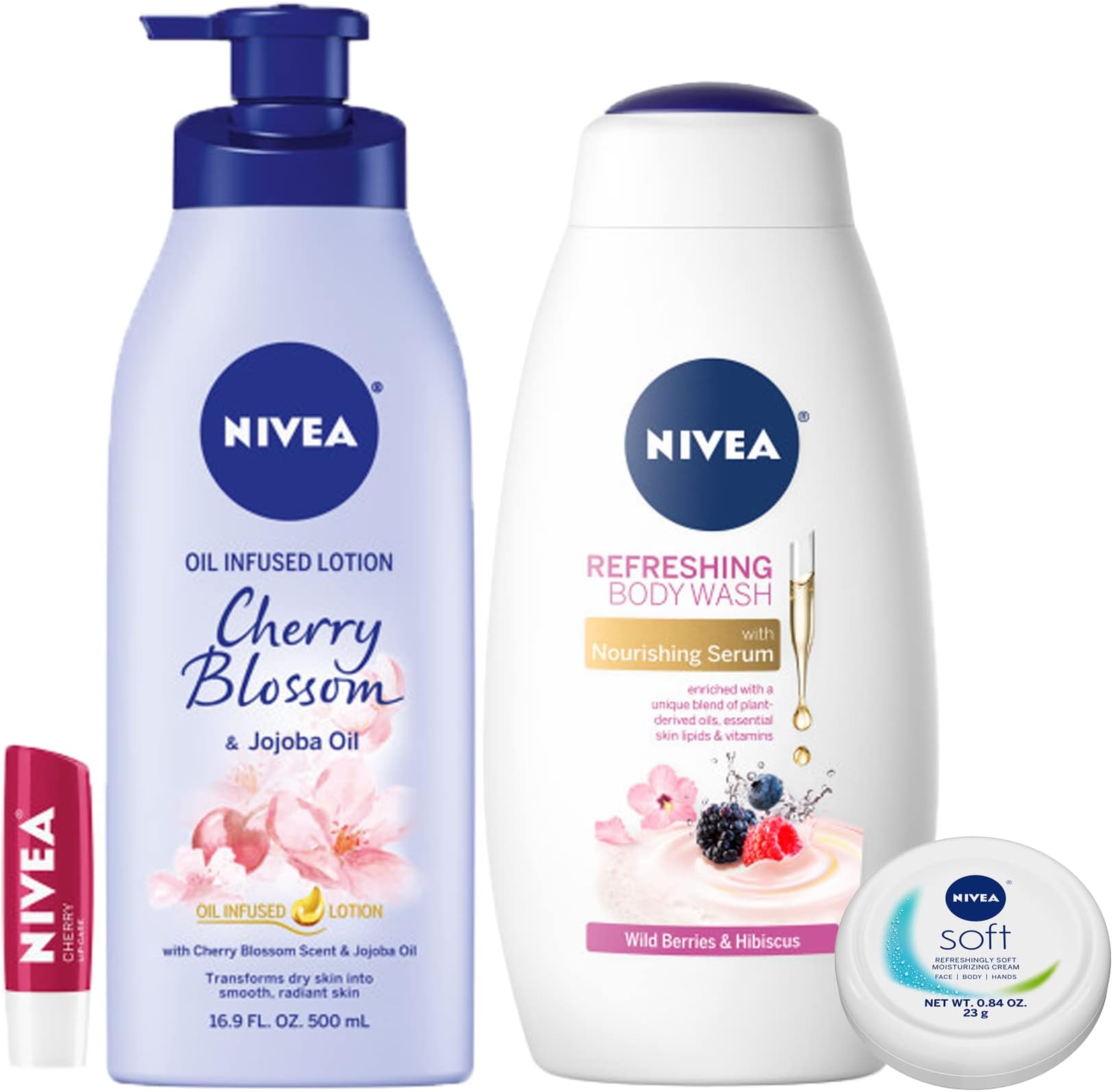 NIVEA Fresh and Fruity Self-Care Kit - 4 Piece Bundle with Body Lotion, Body Wash, Lip Balm, and Moisturizing Body Cream