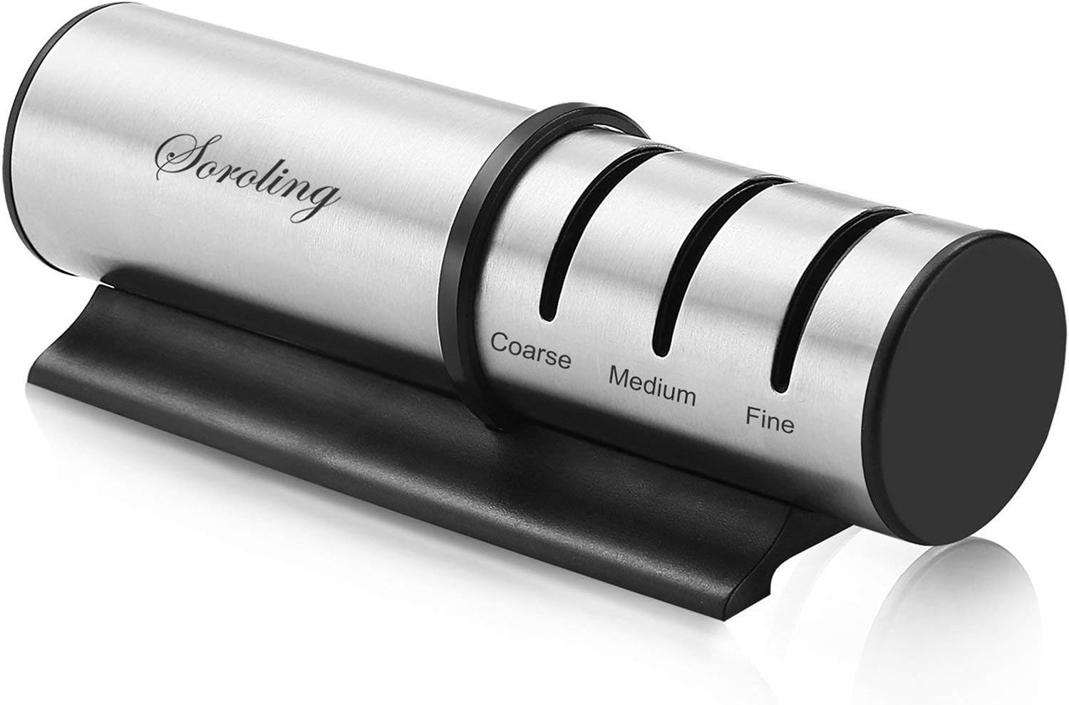 Knife Sharpener, Soroling Kitchen Diamond and Ceramic Wheel Sharpening System for Straight and Stainless Steel Knives, Manual 3-Stage Sharpen Tool, Safe and Easy to Use (Black)